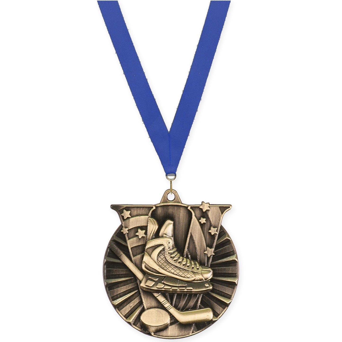 2 inch hockey Victory medal in antique gold with Blue neck ribbon