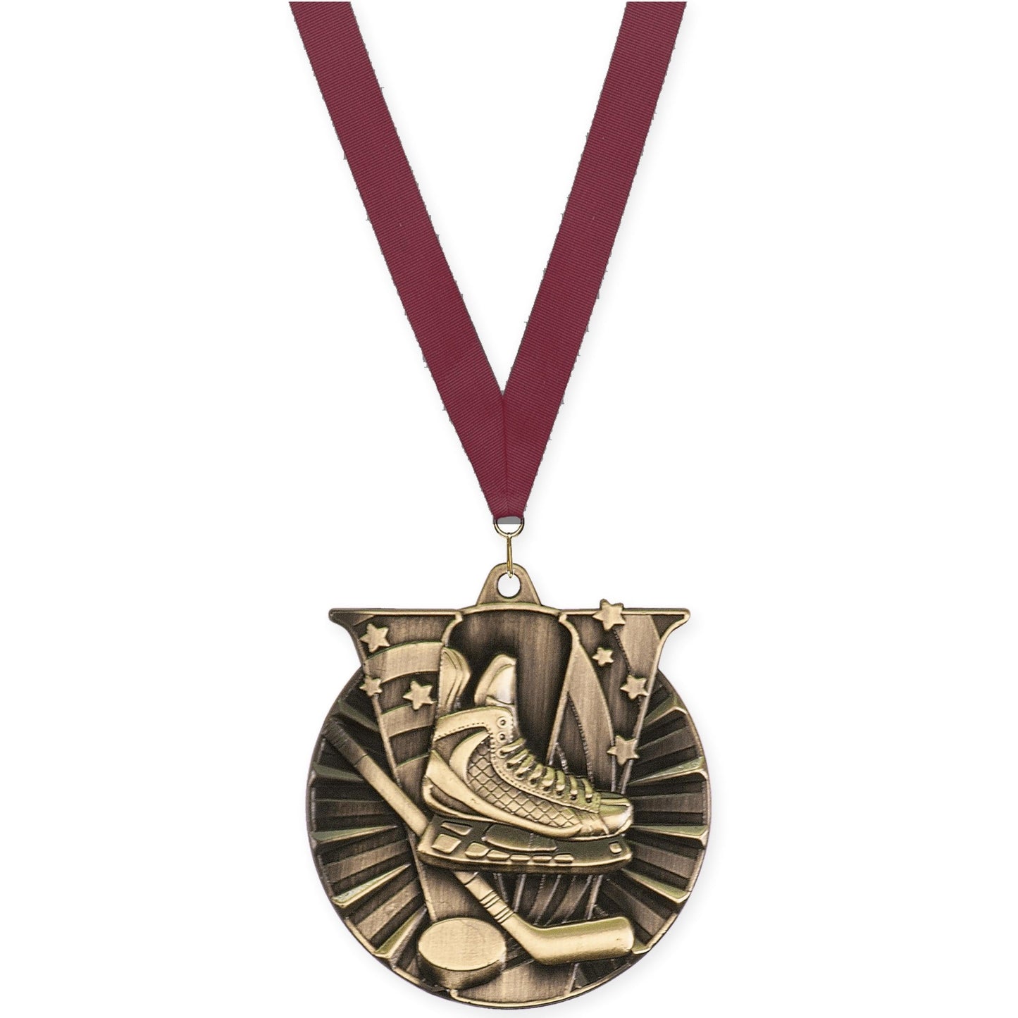 2 inch hockey Victory medal in antique gold with Maroon neck ribbon