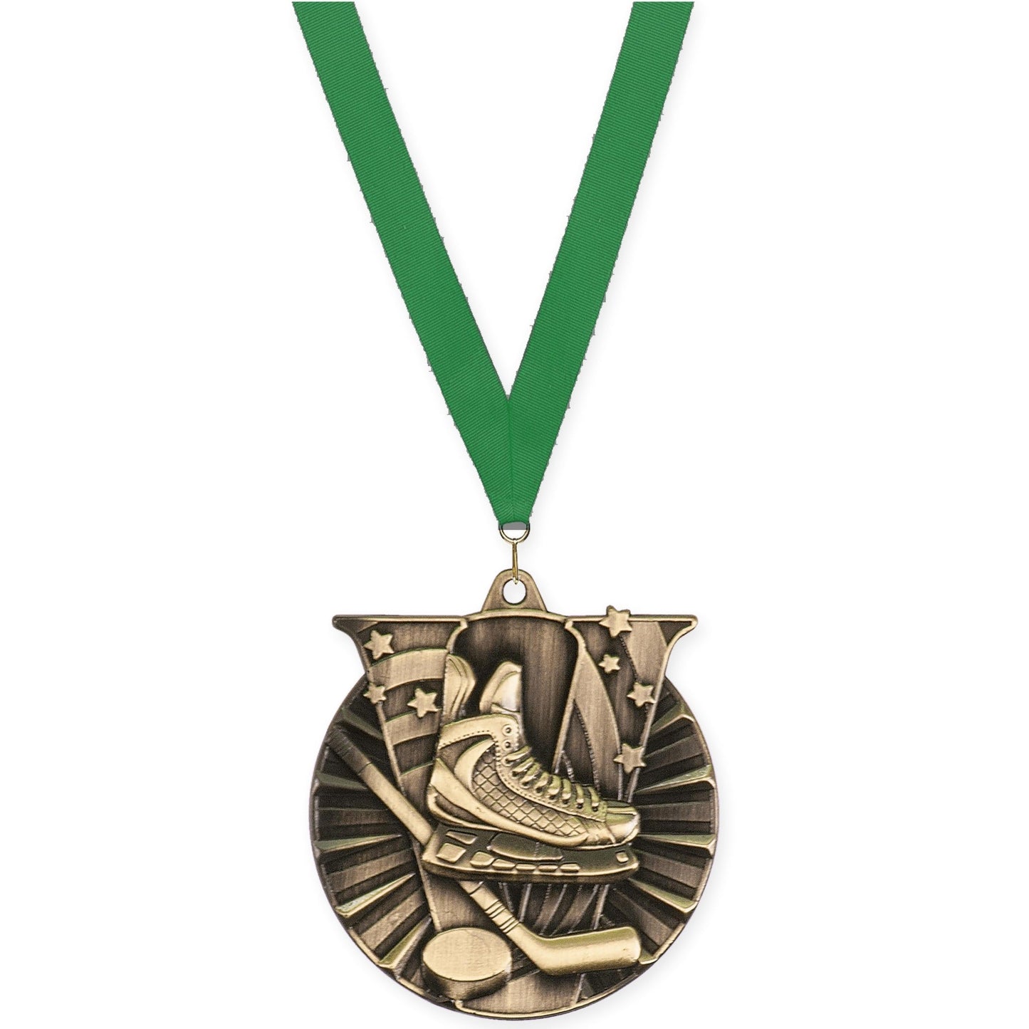 2 inch hockey Victory medal in antique gold with Green neck ribbon