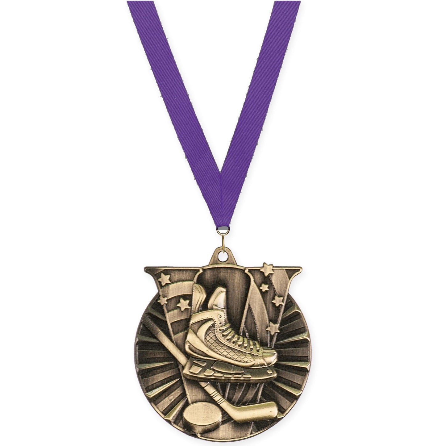 2 inch hockey Victory medal in antique gold with Purple neck ribbon