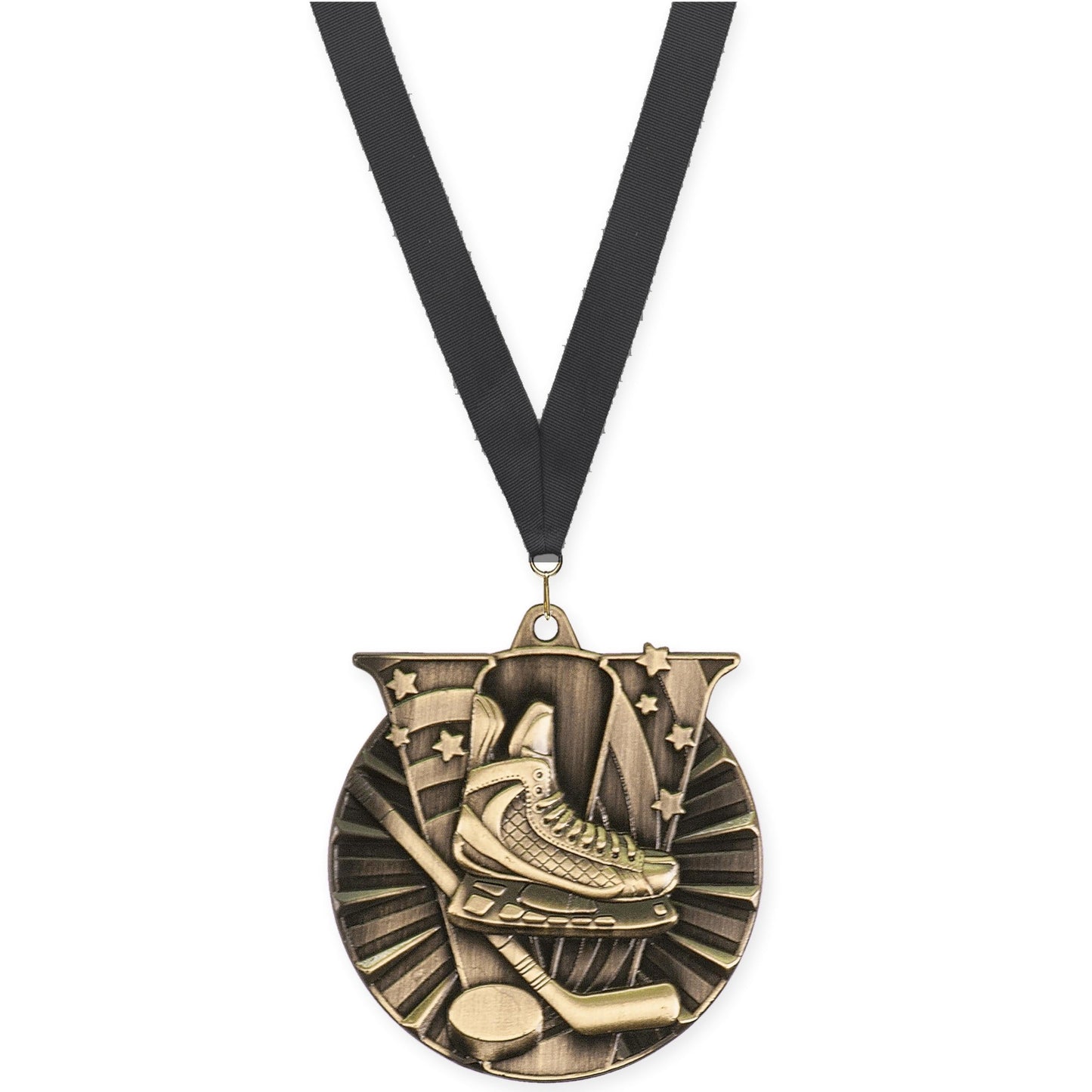 2 inch hockey Victory medal in antique gold with Black neck ribbon