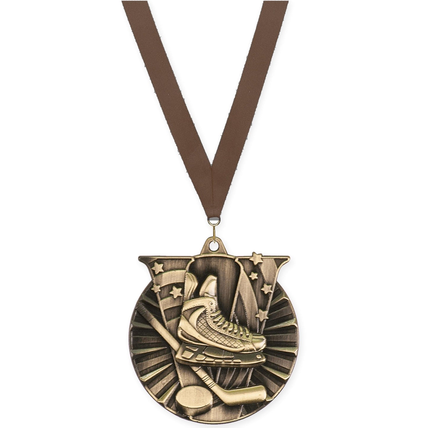 2 inch hockey Victory medal in antique gold with Brown neck ribbon