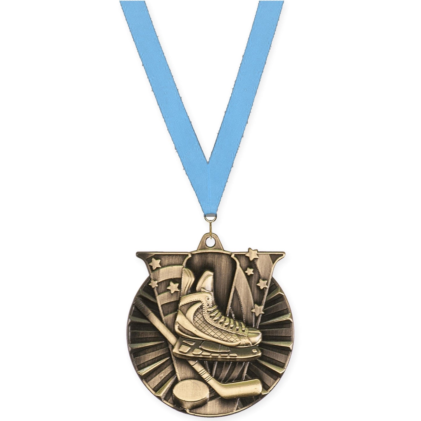 2 inch hockey Victory medal in antique gold with Light Blue neck ribbon