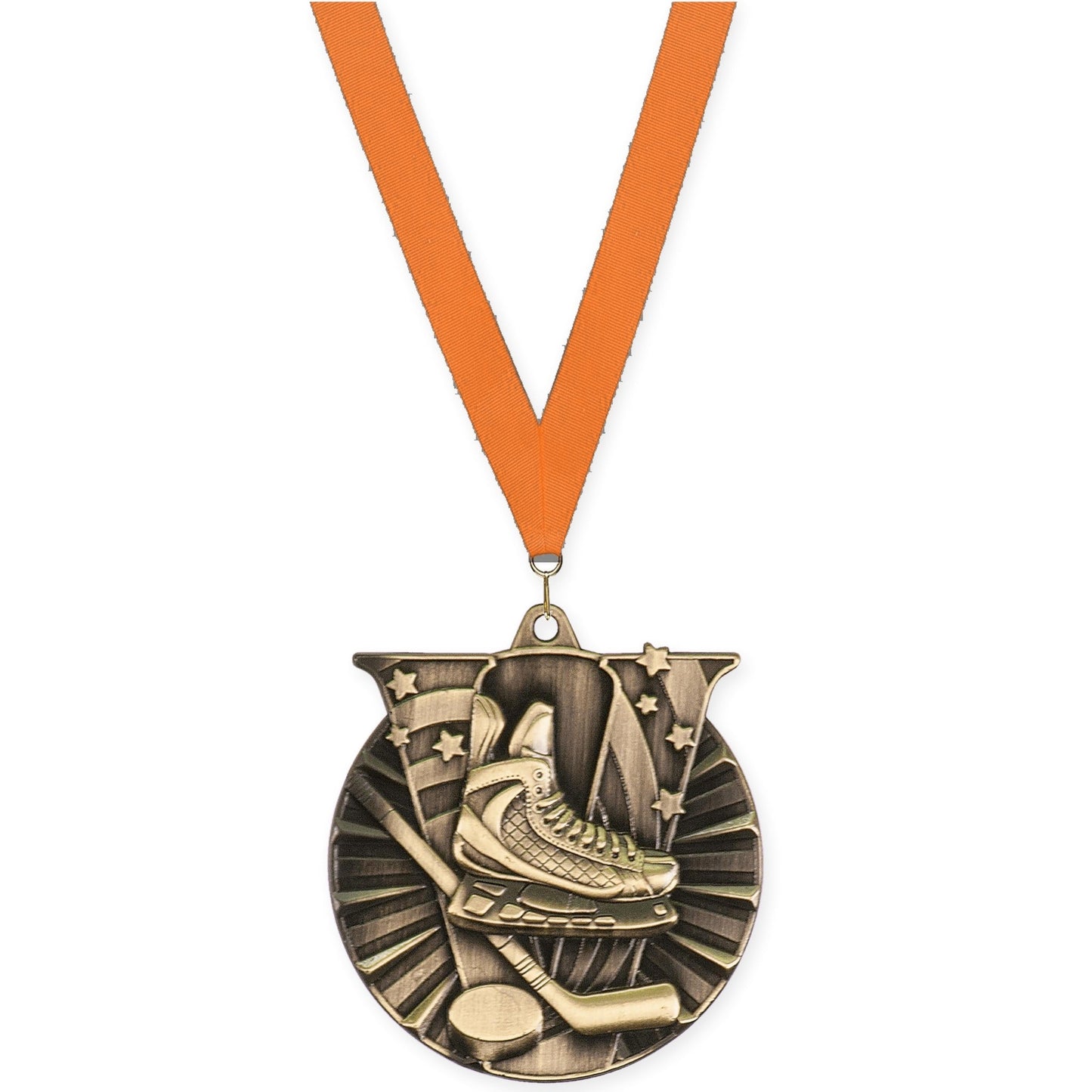 2 inch hockey Victory medal in antique gold with Orange neck ribbon