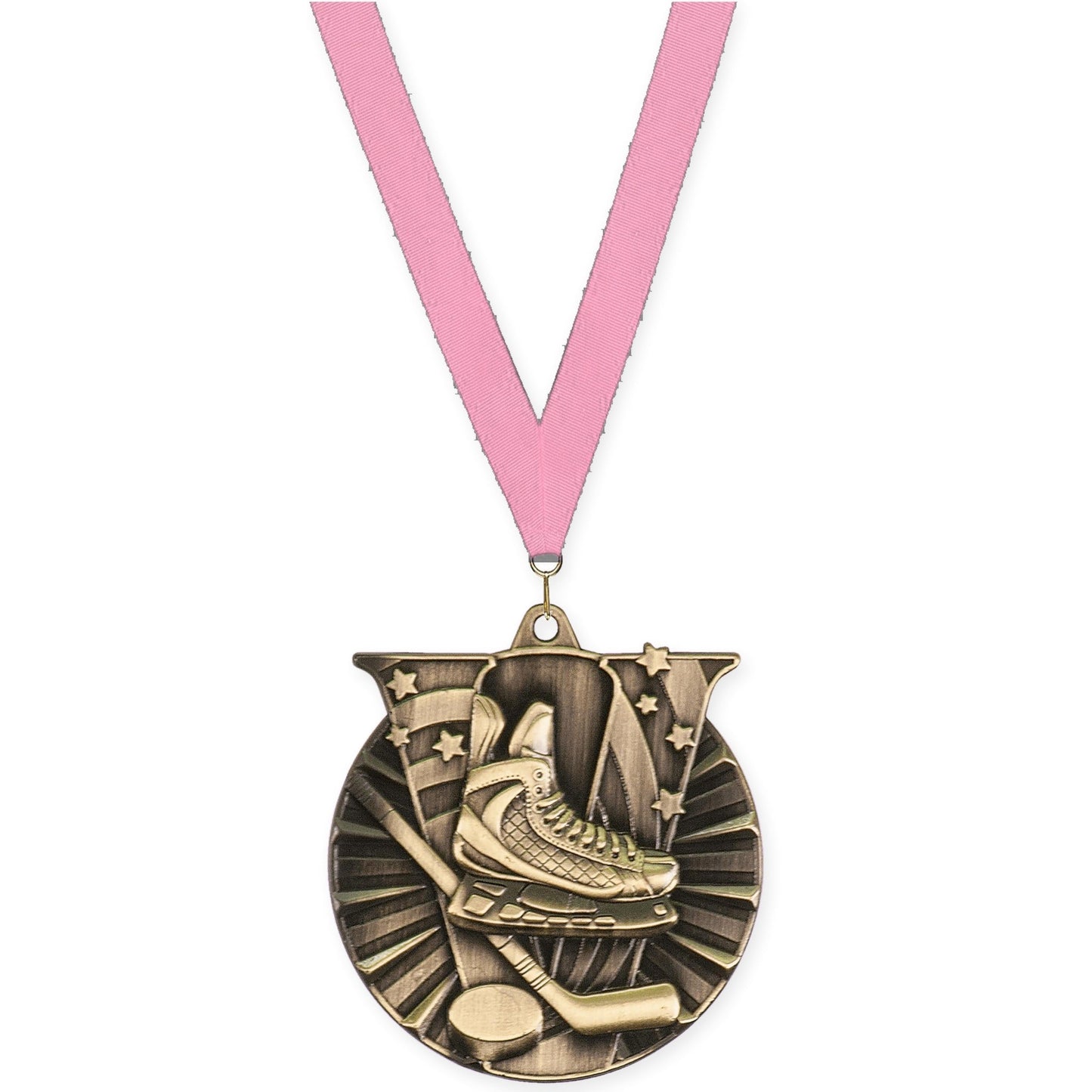 2 inch hockey Victory medal in antique gold with Pink neck ribbon
