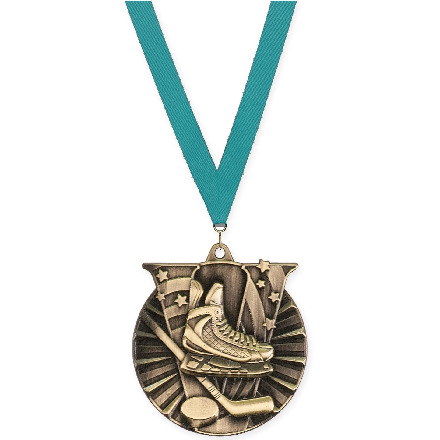 2 inch hockey Victory medal in antique gold with Teal neck ribbon