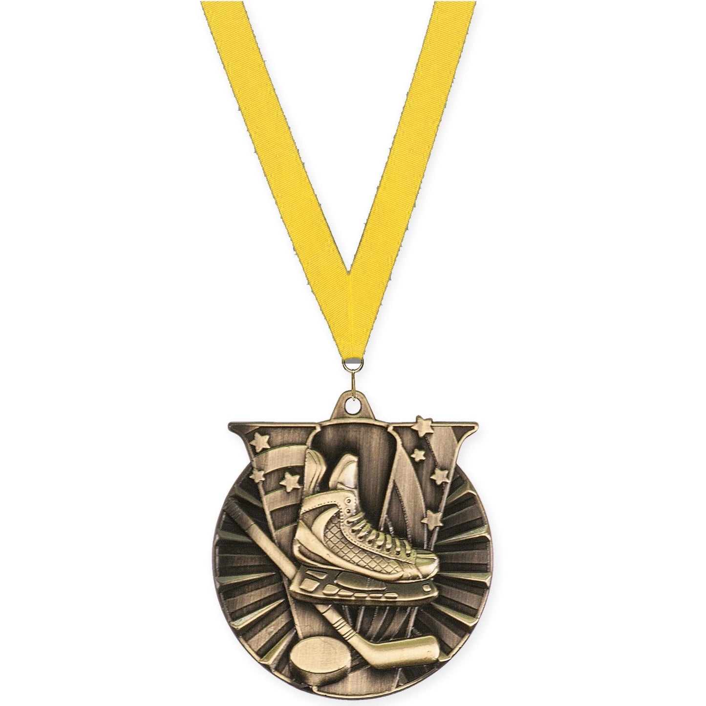 2 inch hockey Victory medal in antique gold with Yellow neck ribbon