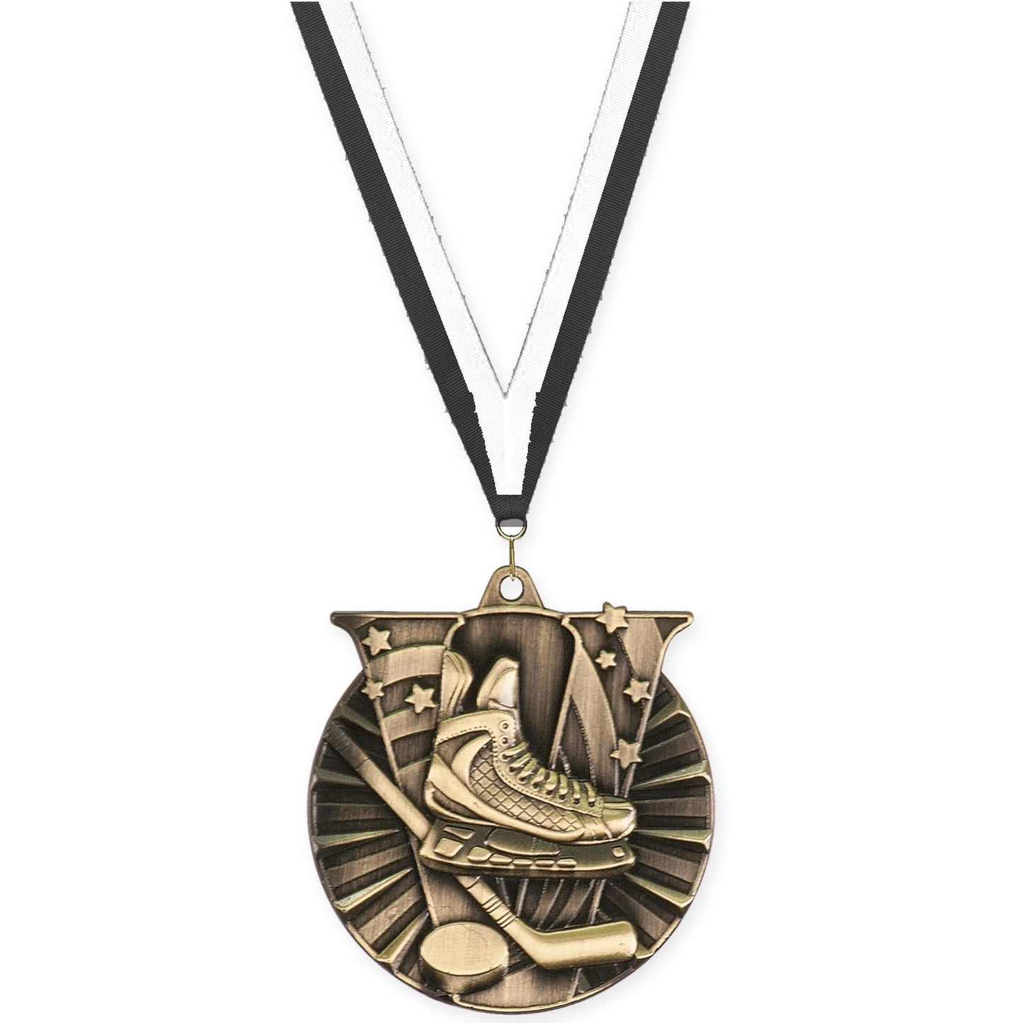 2 inch hockey Victory medal in antique gold with Black White neck ribbon