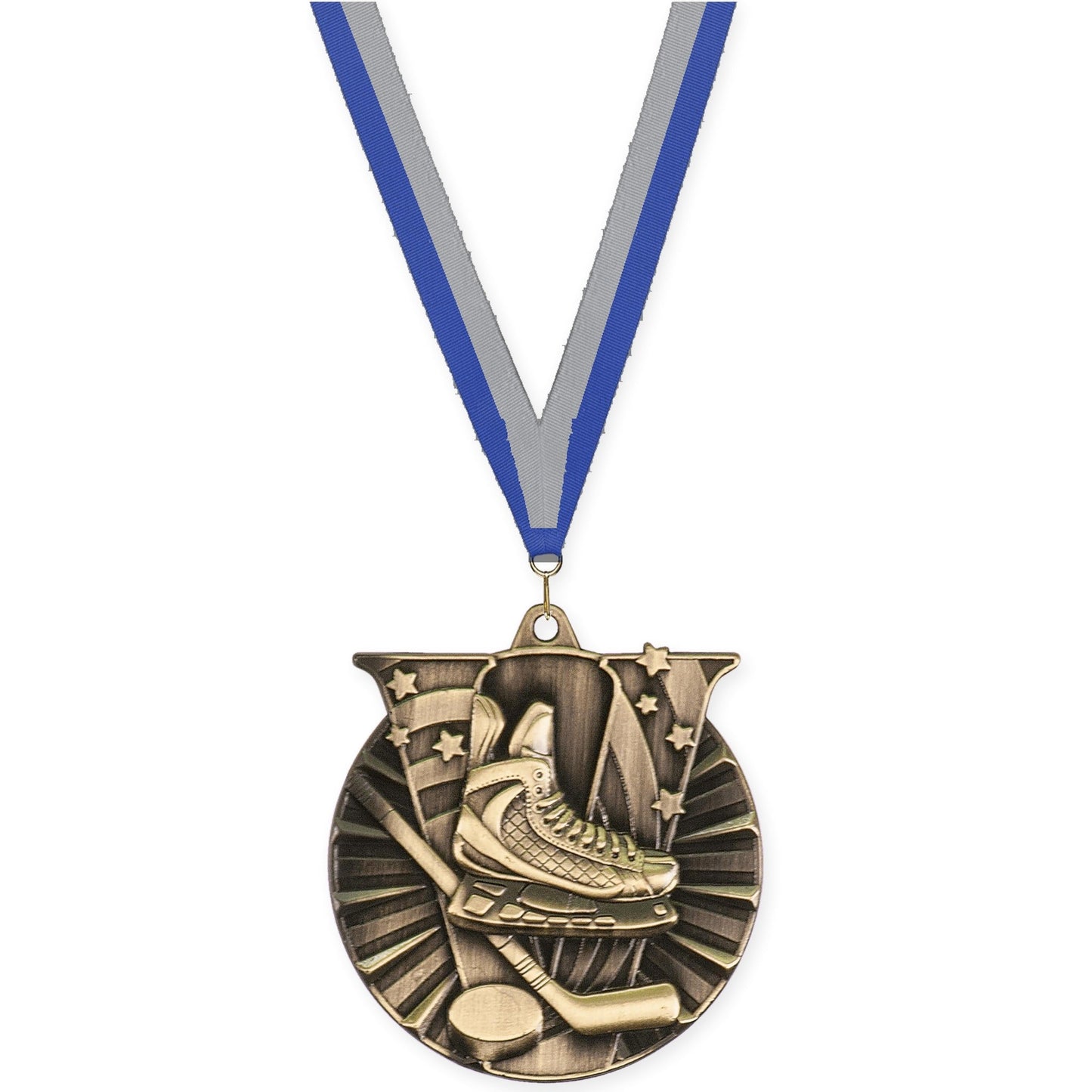 2 inch hockey Victory medal in antique gold with Blue Gray neck ribbon
