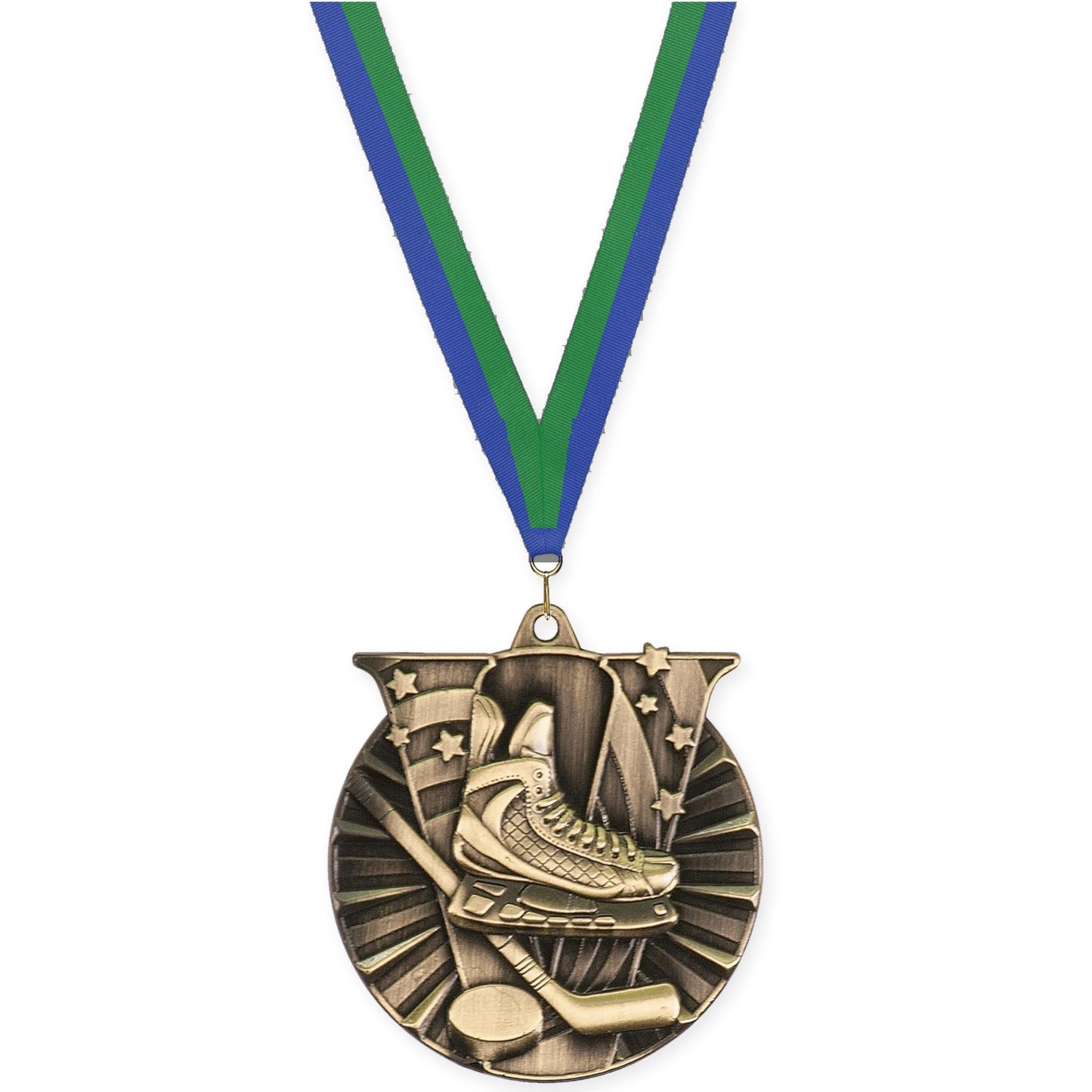 2 inch hockey Victory medal in antique gold with Blue Green neck ribbon