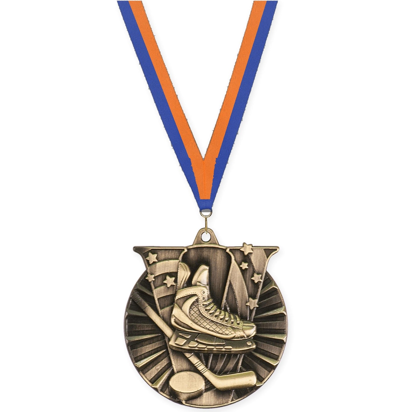 2 inch hockey Victory medal in antique gold with Blue Orange neck ribbon