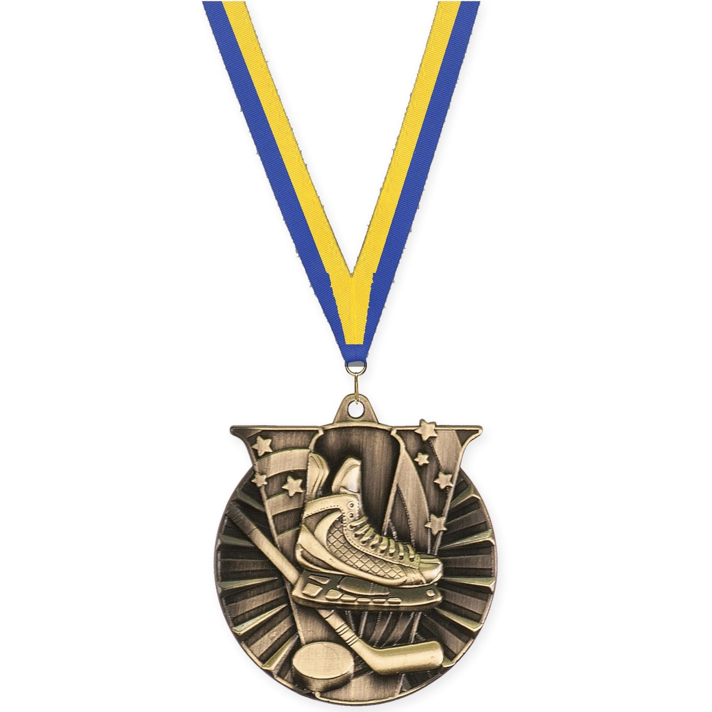 2 inch hockey Victory medal in antique gold with Blue Yellow neck ribbon