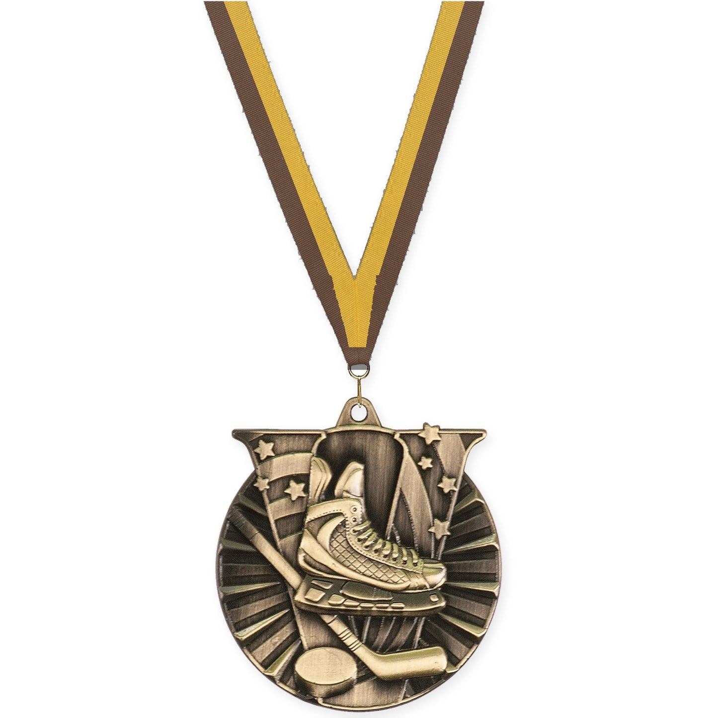 2 inch hockey Victory medal in antique gold with Brown Gold neck ribbon