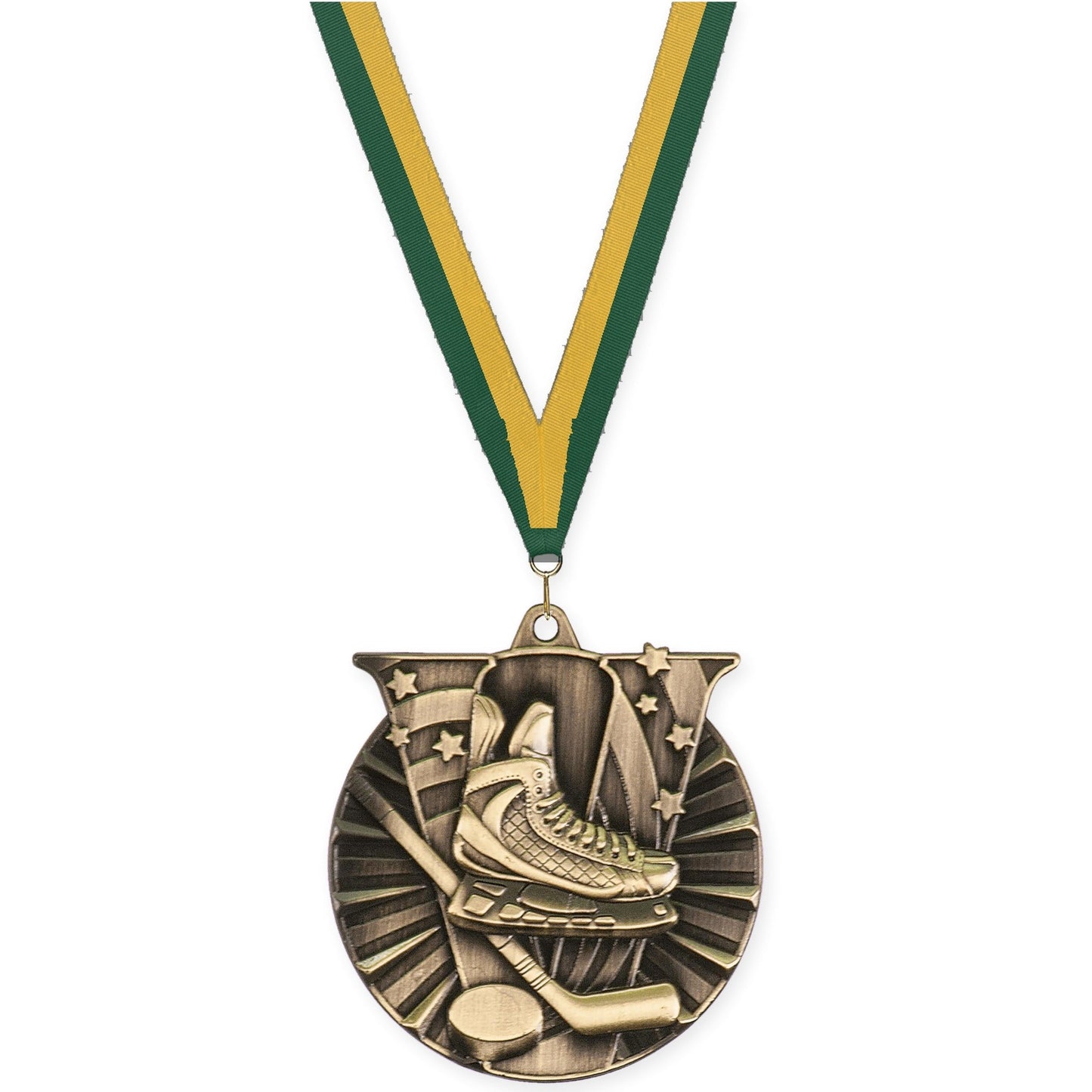 2 inch hockey Victory medal in antique gold with Hunter Green Gold neck ribbon