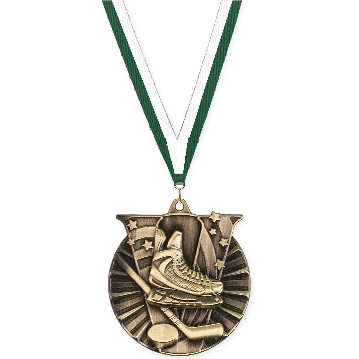 2 inch hockey Victory medal in antique gold with Hunter Green White neck ribbon