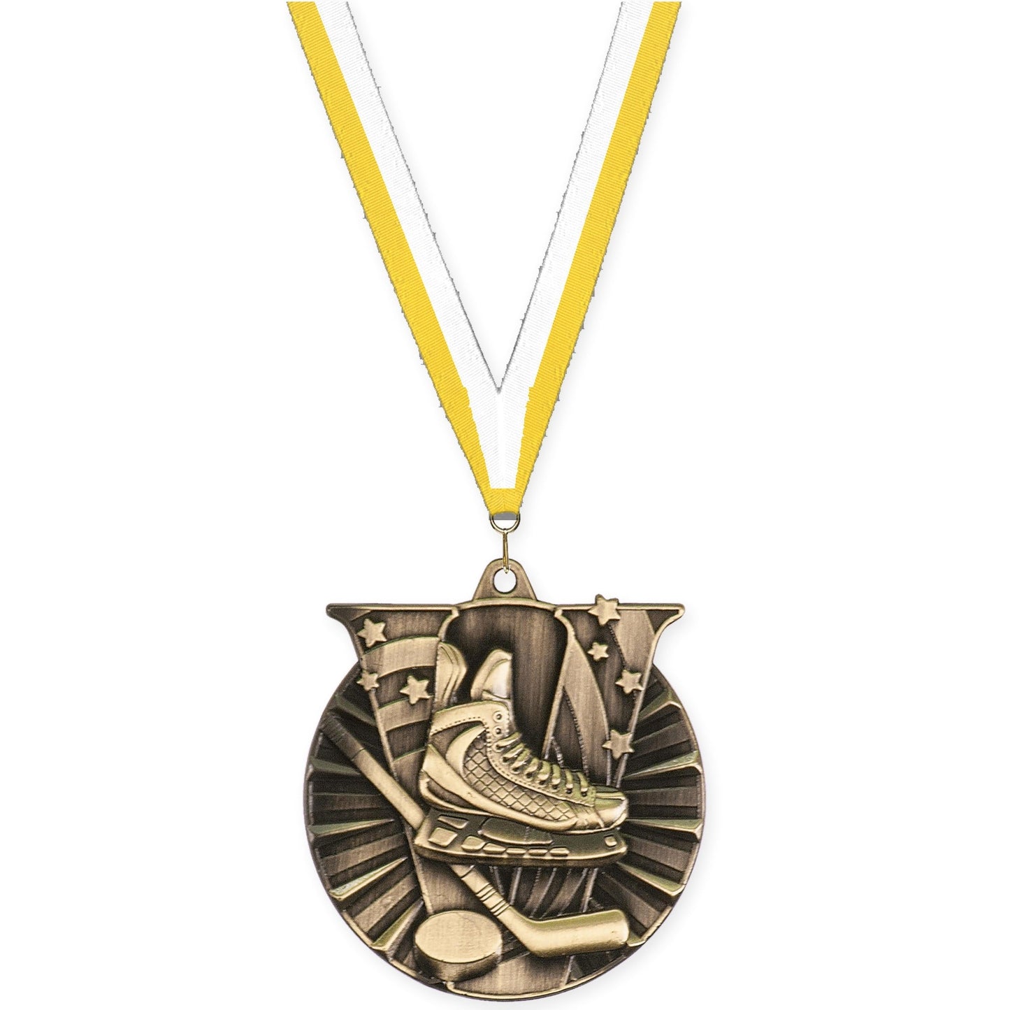 2 inch hockey Victory medal in antique gold with Yellow White neck ribbon