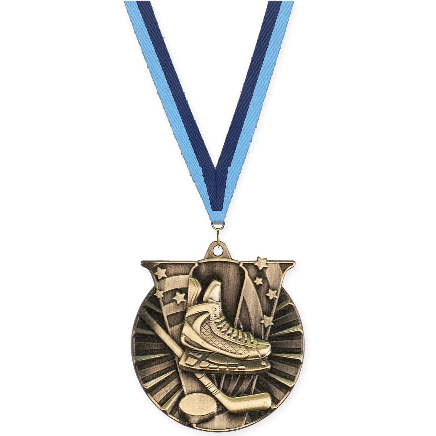 2 inch hockey Victory medal in antique gold with Light Blue Navy neck ribbon