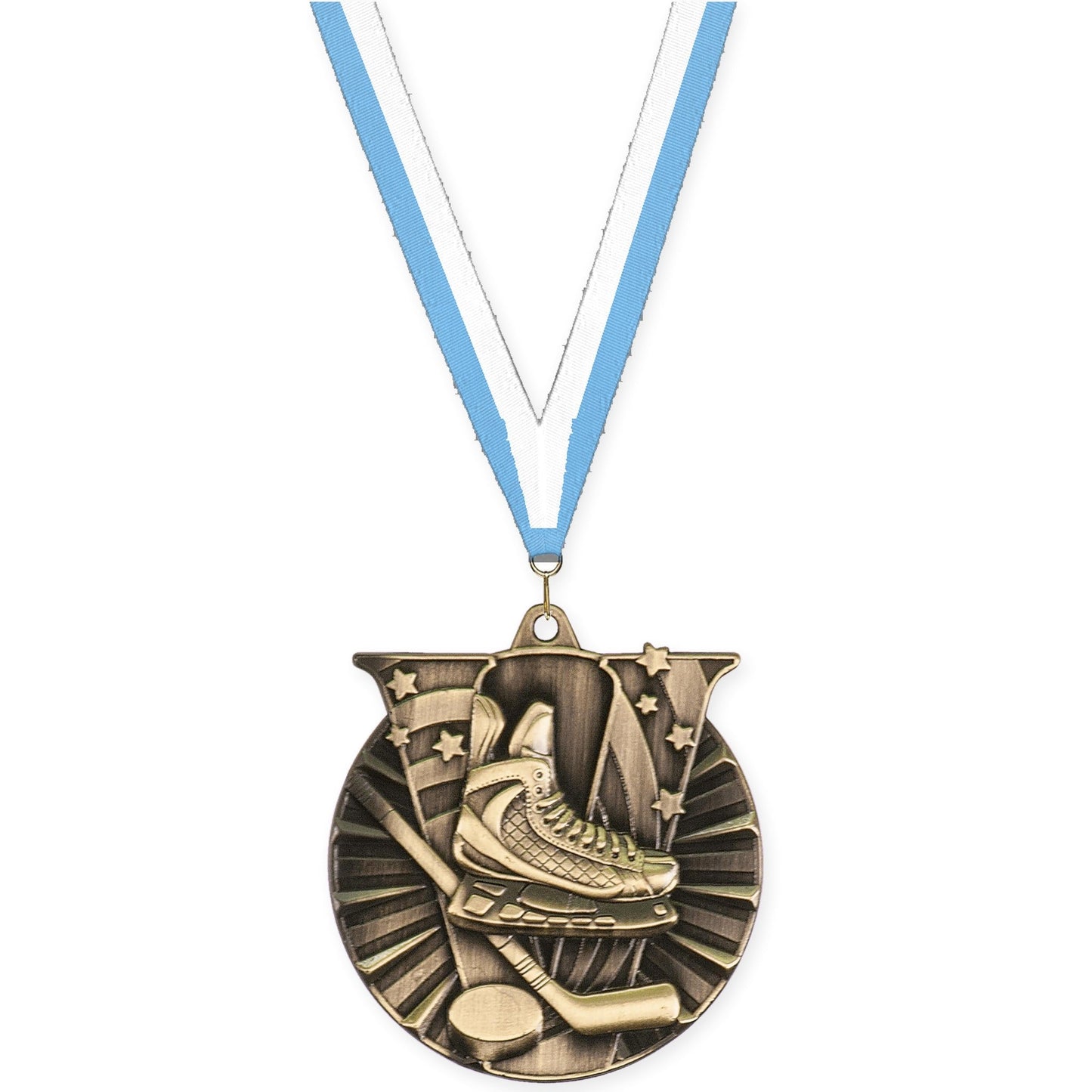 2 inch hockey Victory medal in antique gold with Light Blue White neck ribbon