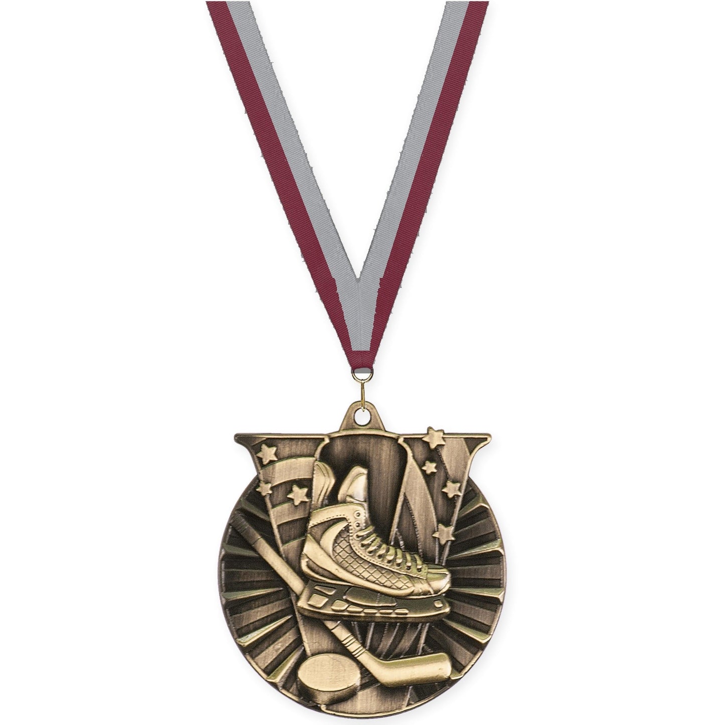 2 inch hockey Victory medal in antique gold with Maroon Gray neck ribbon