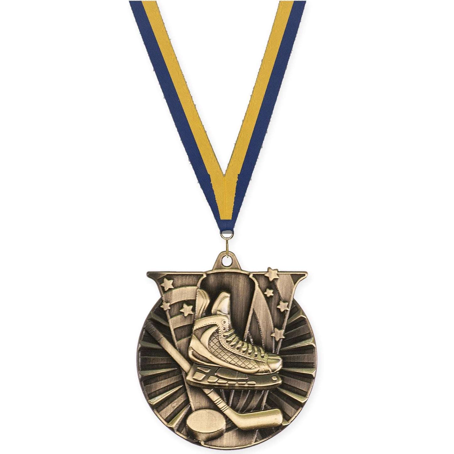 2 inch hockey Victory medal in antique gold with Navy Gold neck ribbon