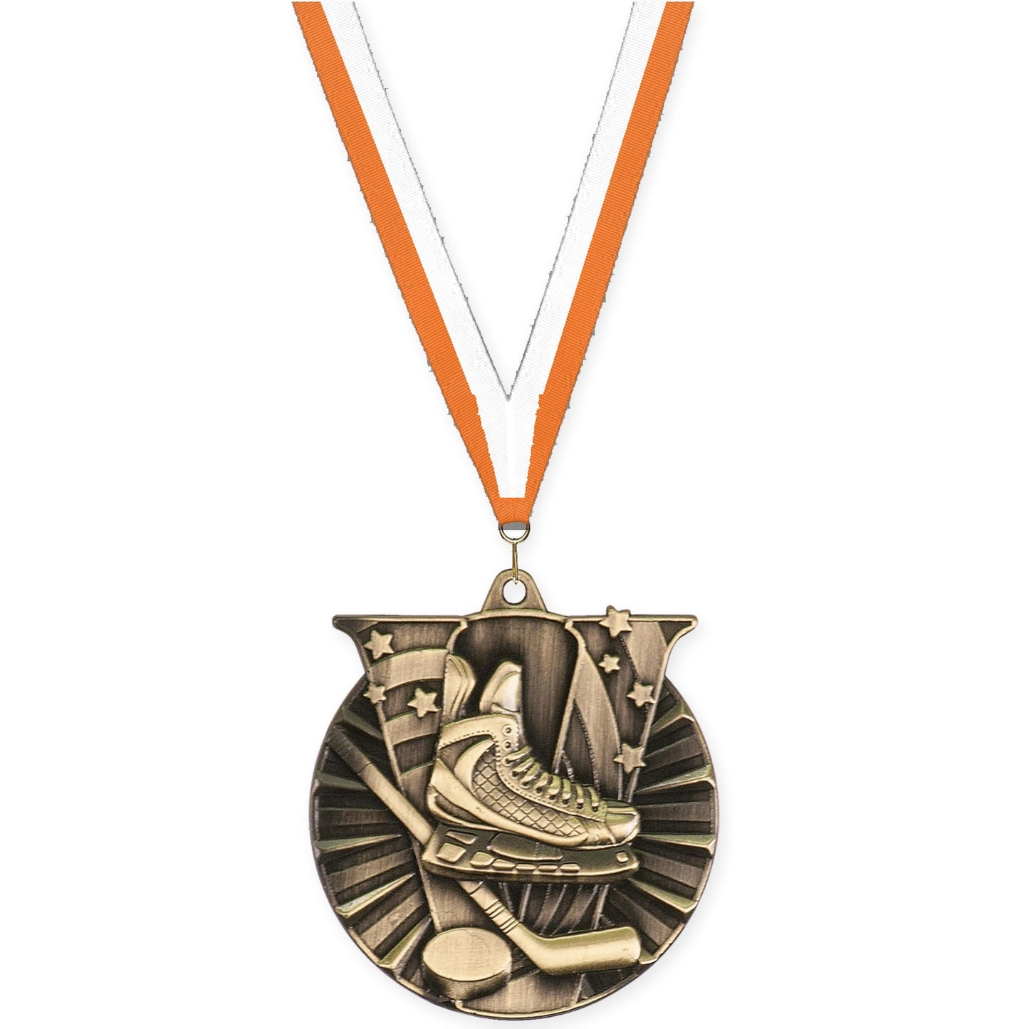 2 inch hockey Victory medal in antique gold with Orange White neck ribbon