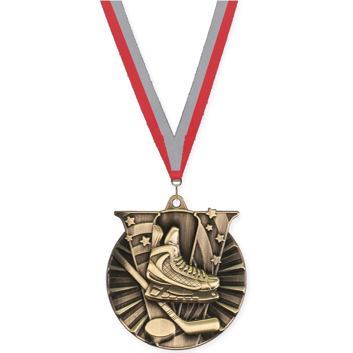 2 inch hockey Victory medal in antique gold with Red Gray neck ribbon