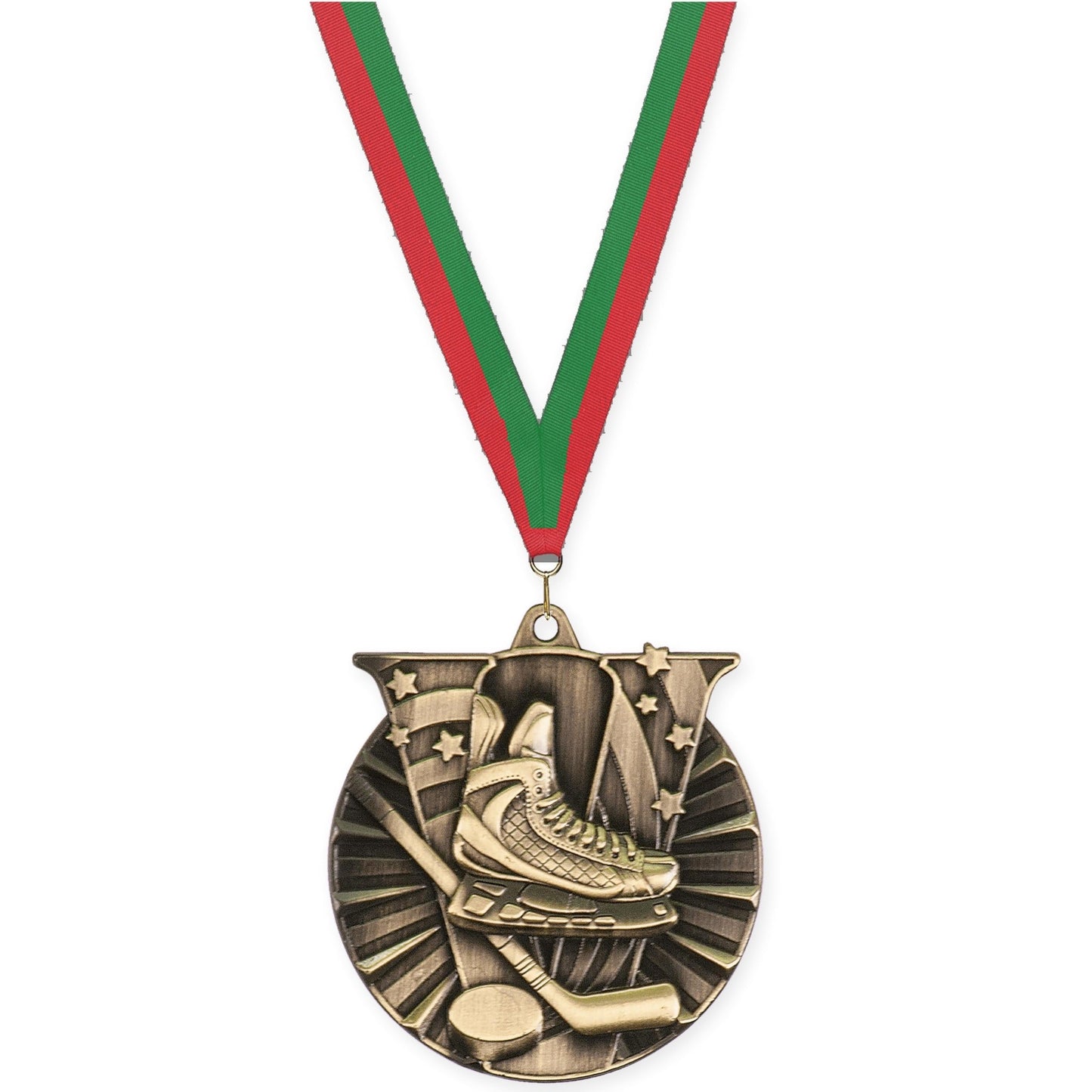 2 inch hockey Victory medal in antique gold with Red Green neck ribbon