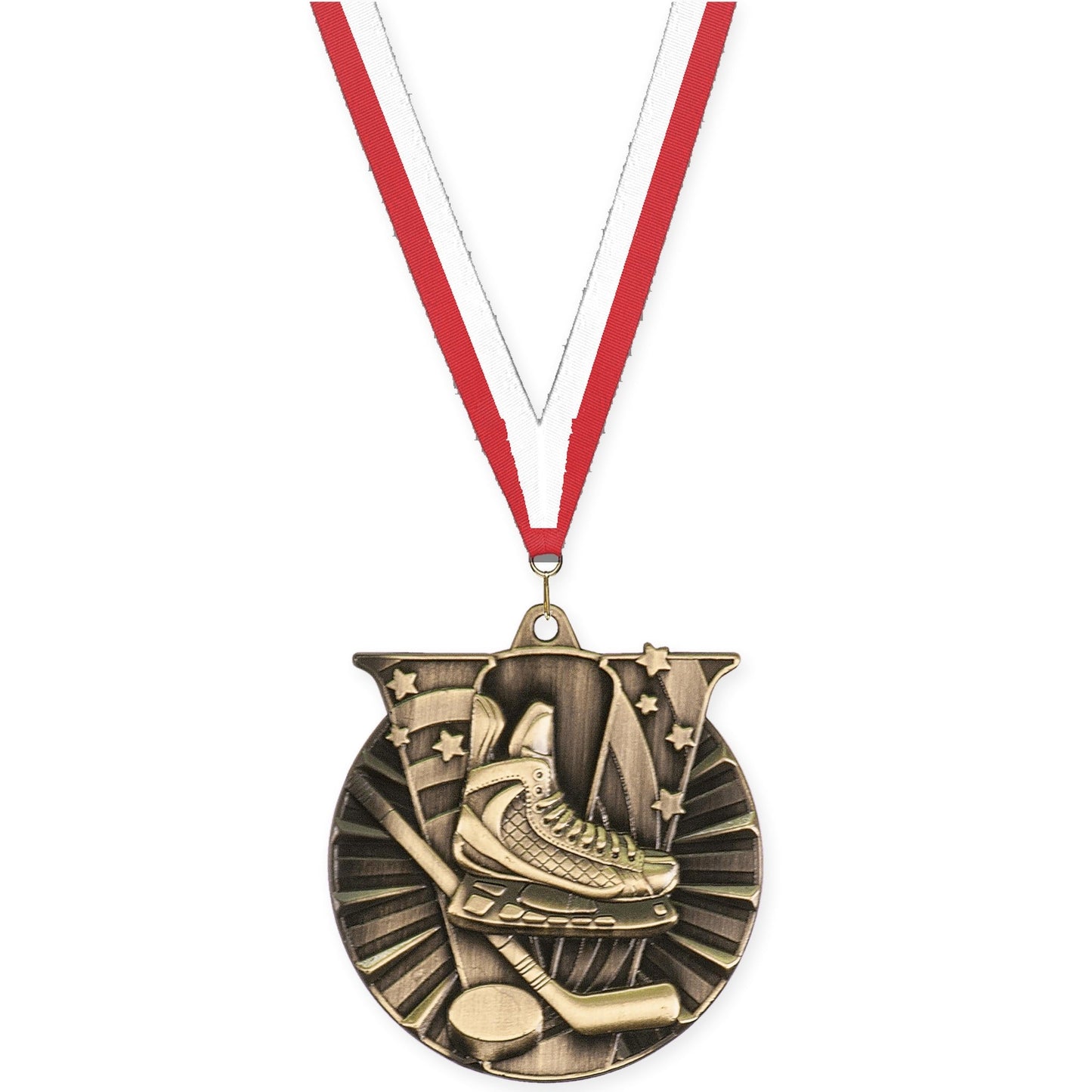 2 inch hockey Victory medal in antique gold with Red White neck ribbon