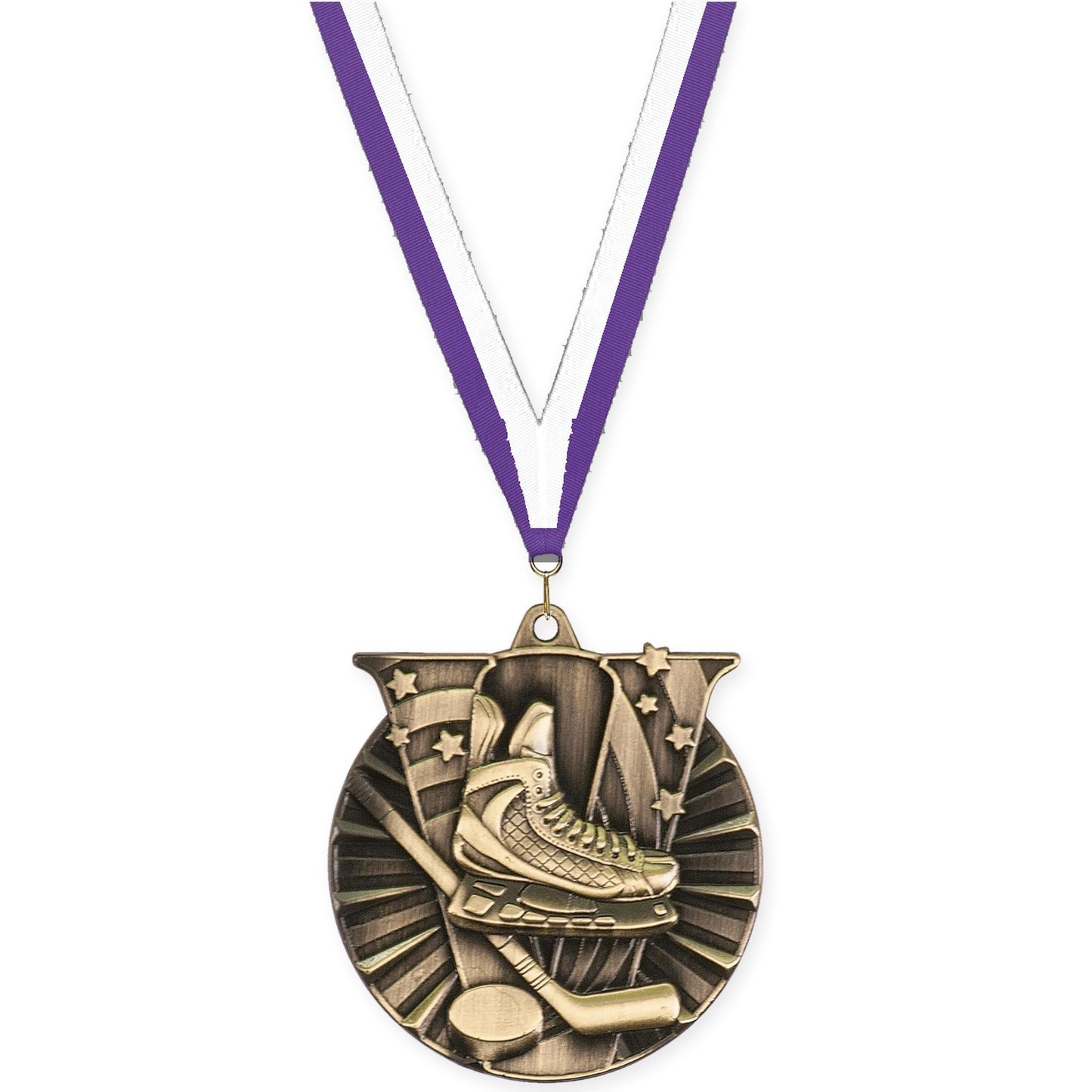 2 inch hockey Victory medal in antique gold with Purple White neck ribbon