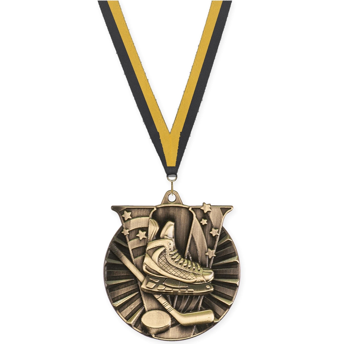 2 inch hockey Victory medal in antique gold with Black Gold neck ribbon