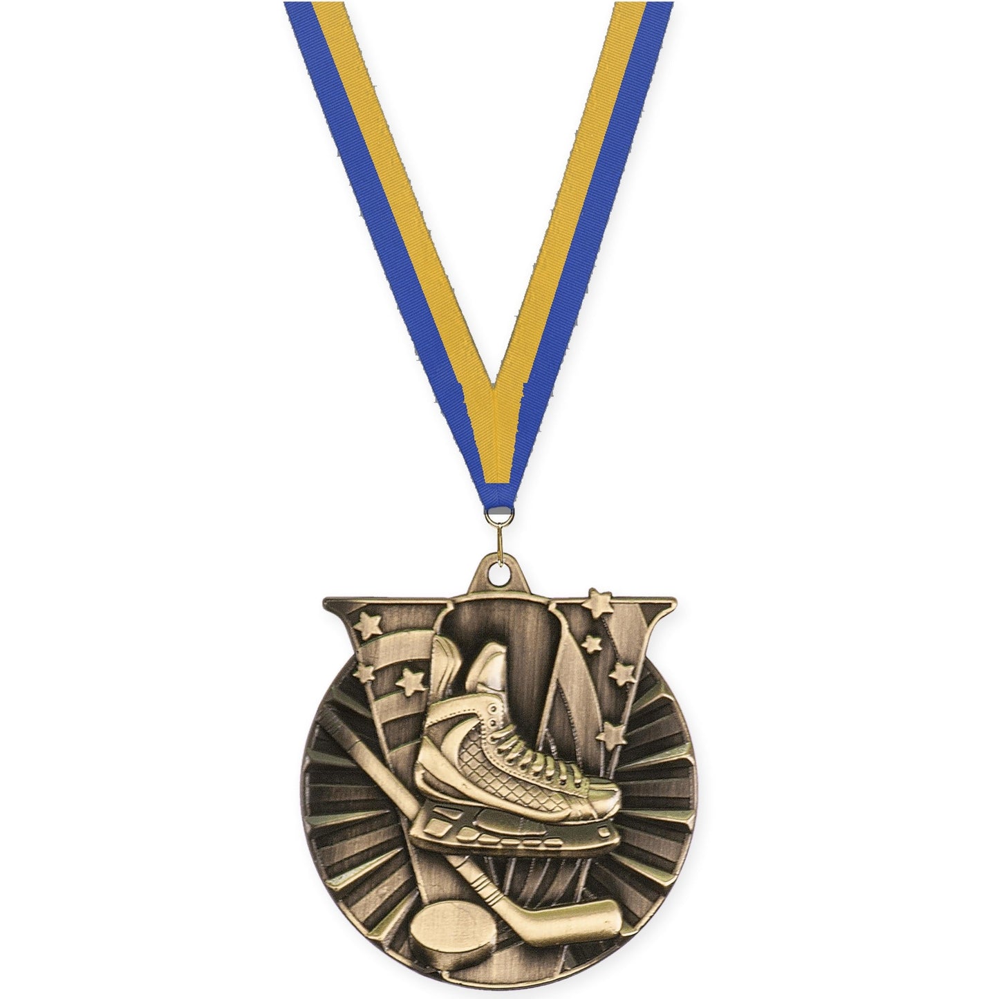 2 inch hockey Victory medal in antique gold with Blue Gold neck ribbon