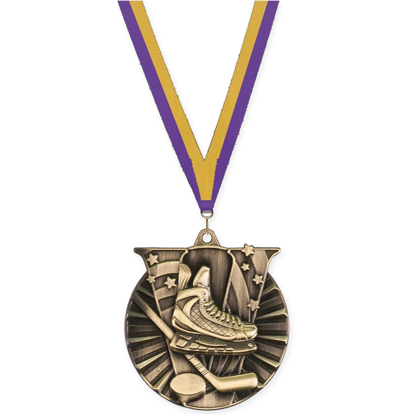 2 inch hockey Victory medal in antique gold with Purple Gold neck ribbon