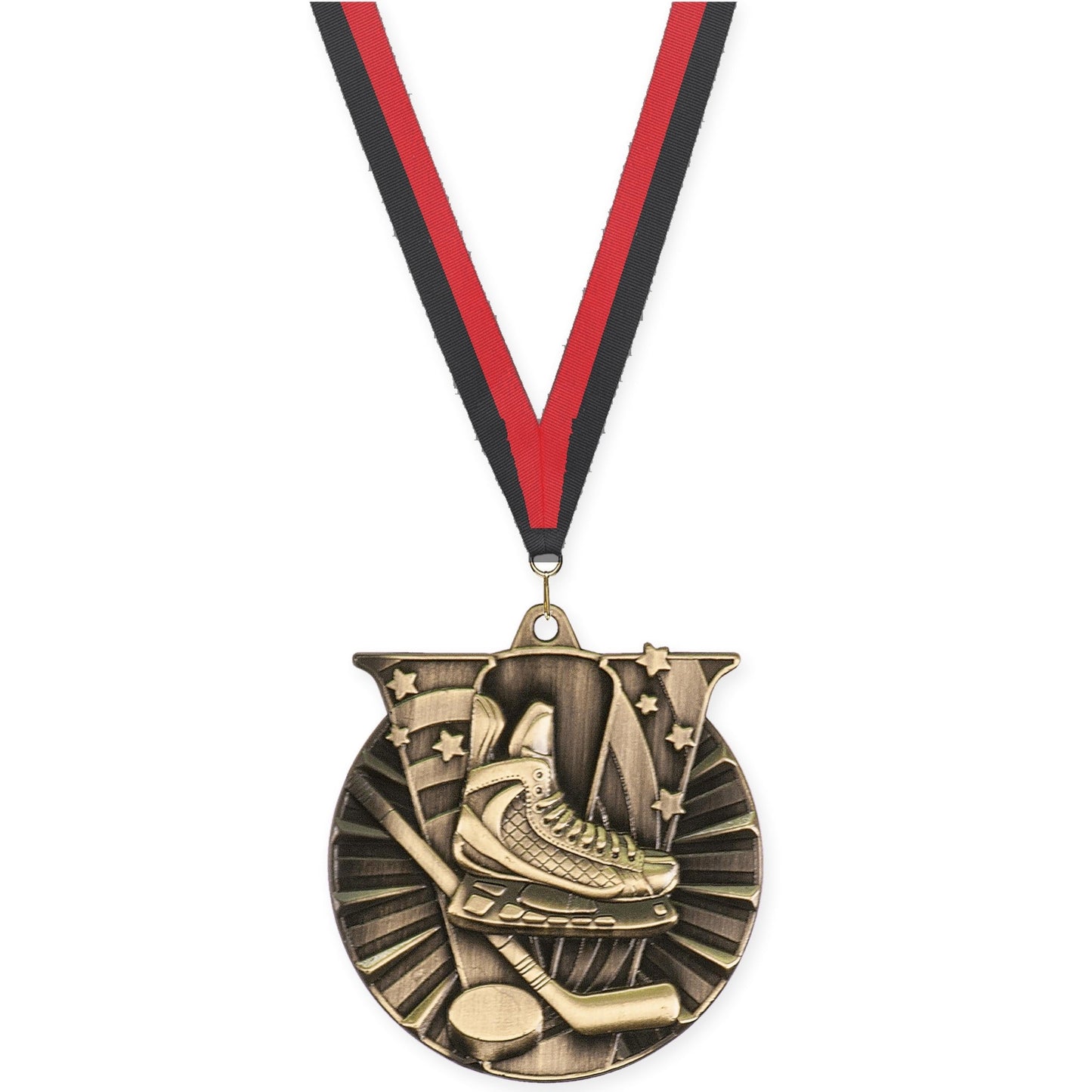 2 inch hockey Victory medal in antique gold with Black Red neck ribbon
