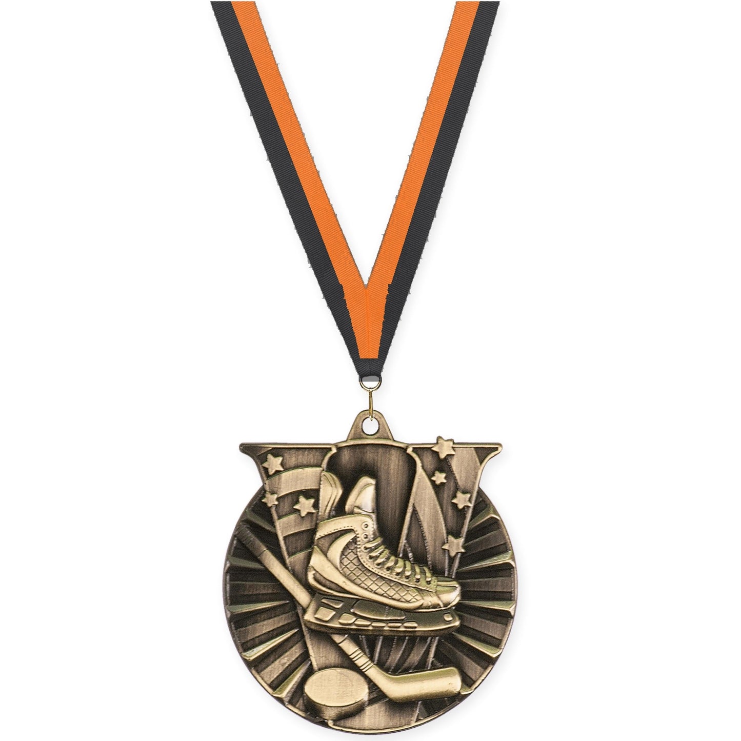 2 inch hockey Victory medal in antique gold with Black Orange neck ribbon