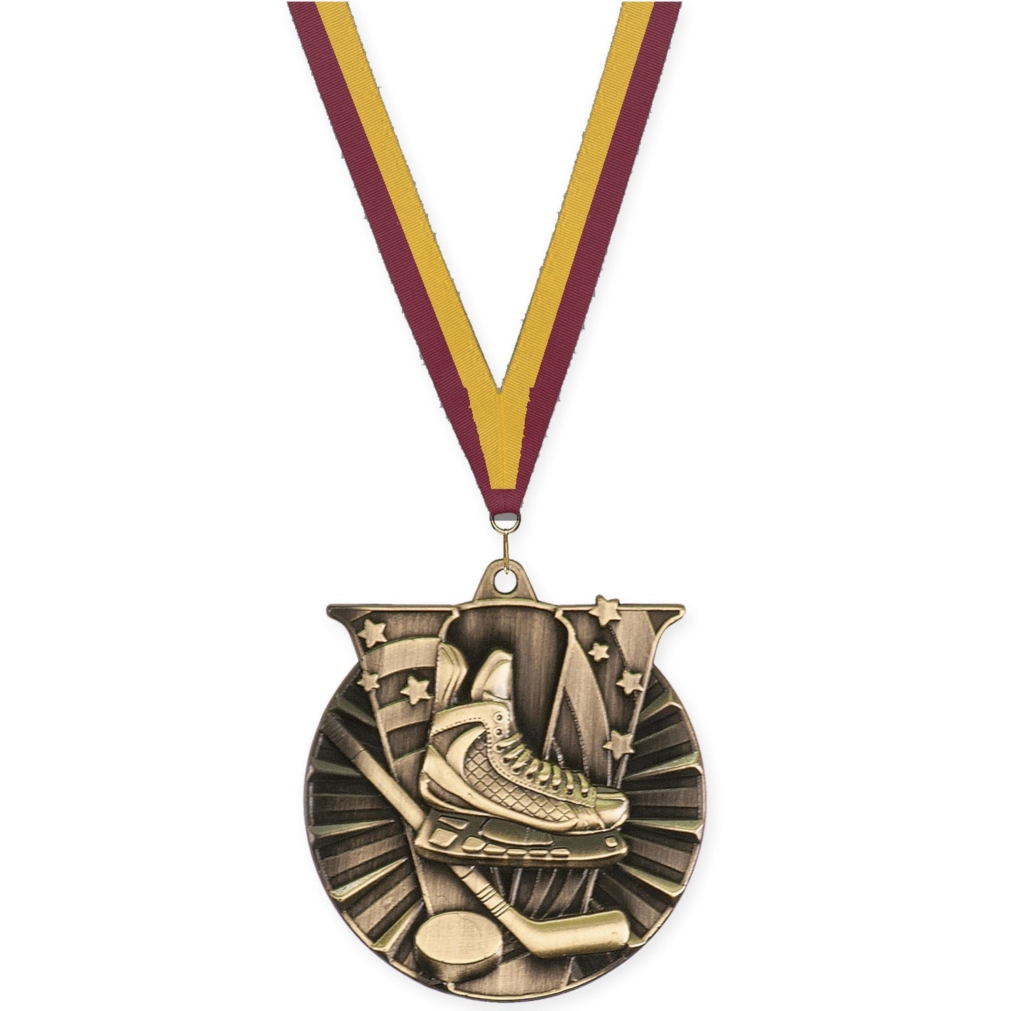 2 inch hockey Victory medal in antique gold with Maroon Gold neck ribbon