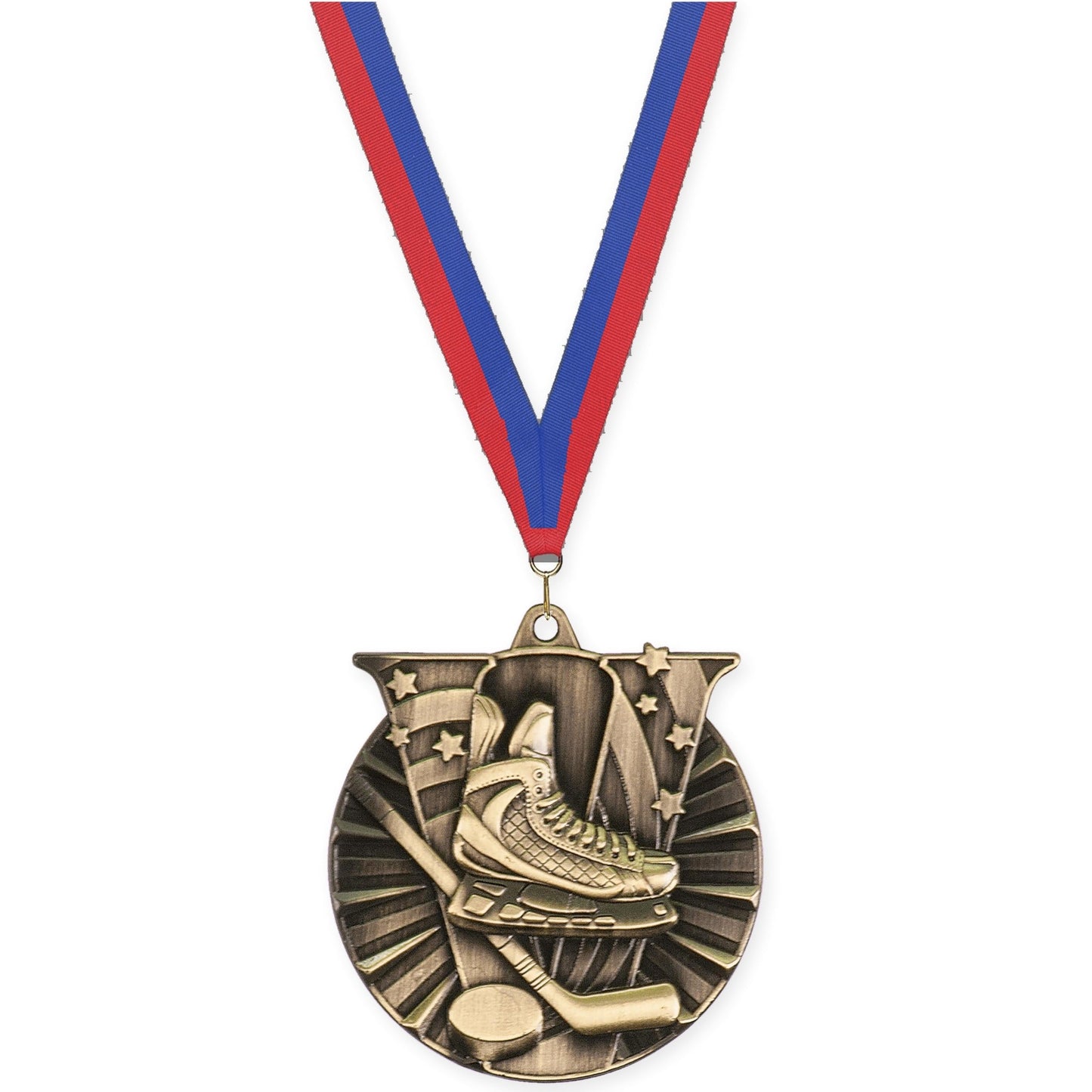 2 inch hockey Victory medal in antique gold with Blue Red neck ribbon