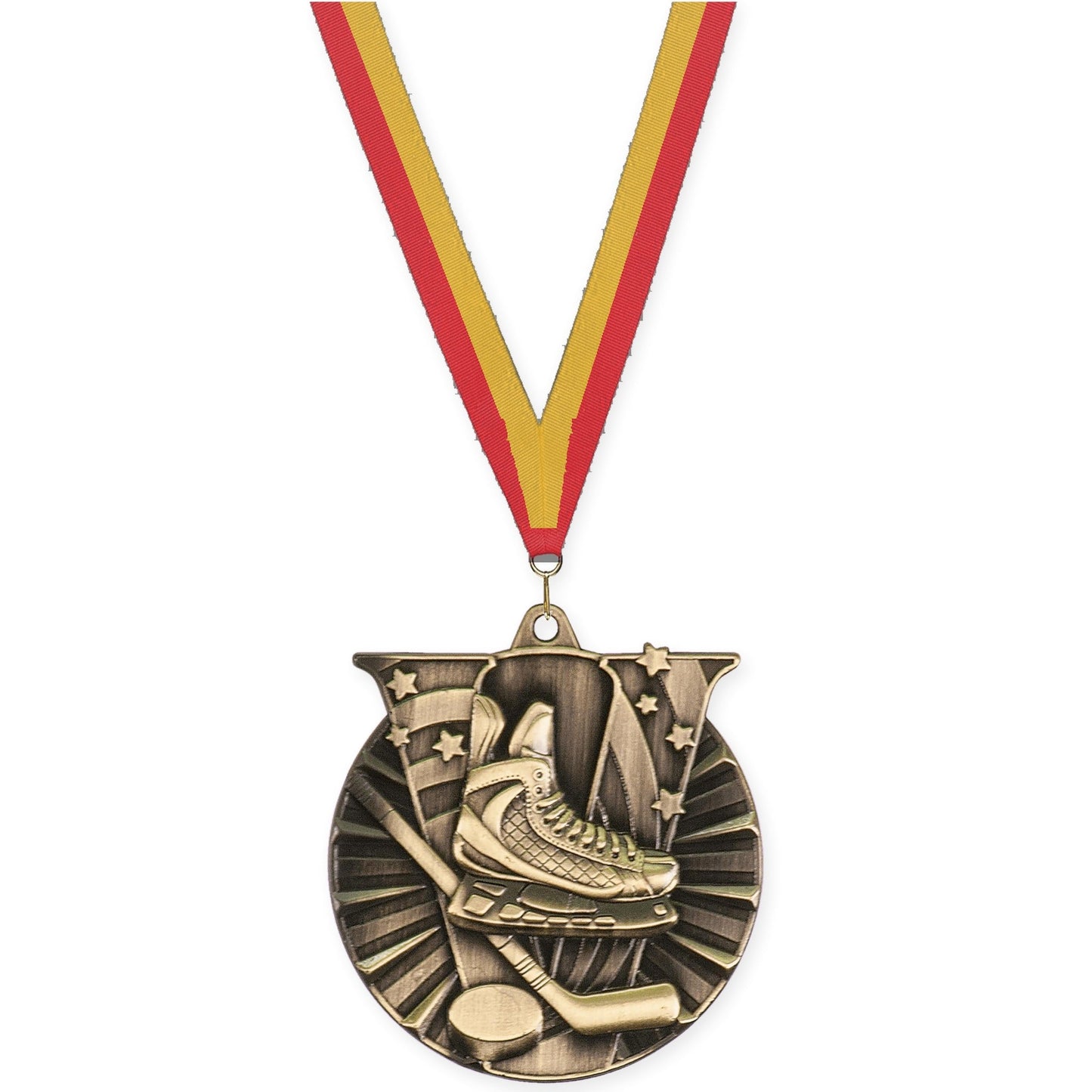 2 inch hockey Victory medal in antique gold with Red Gold neck ribbon