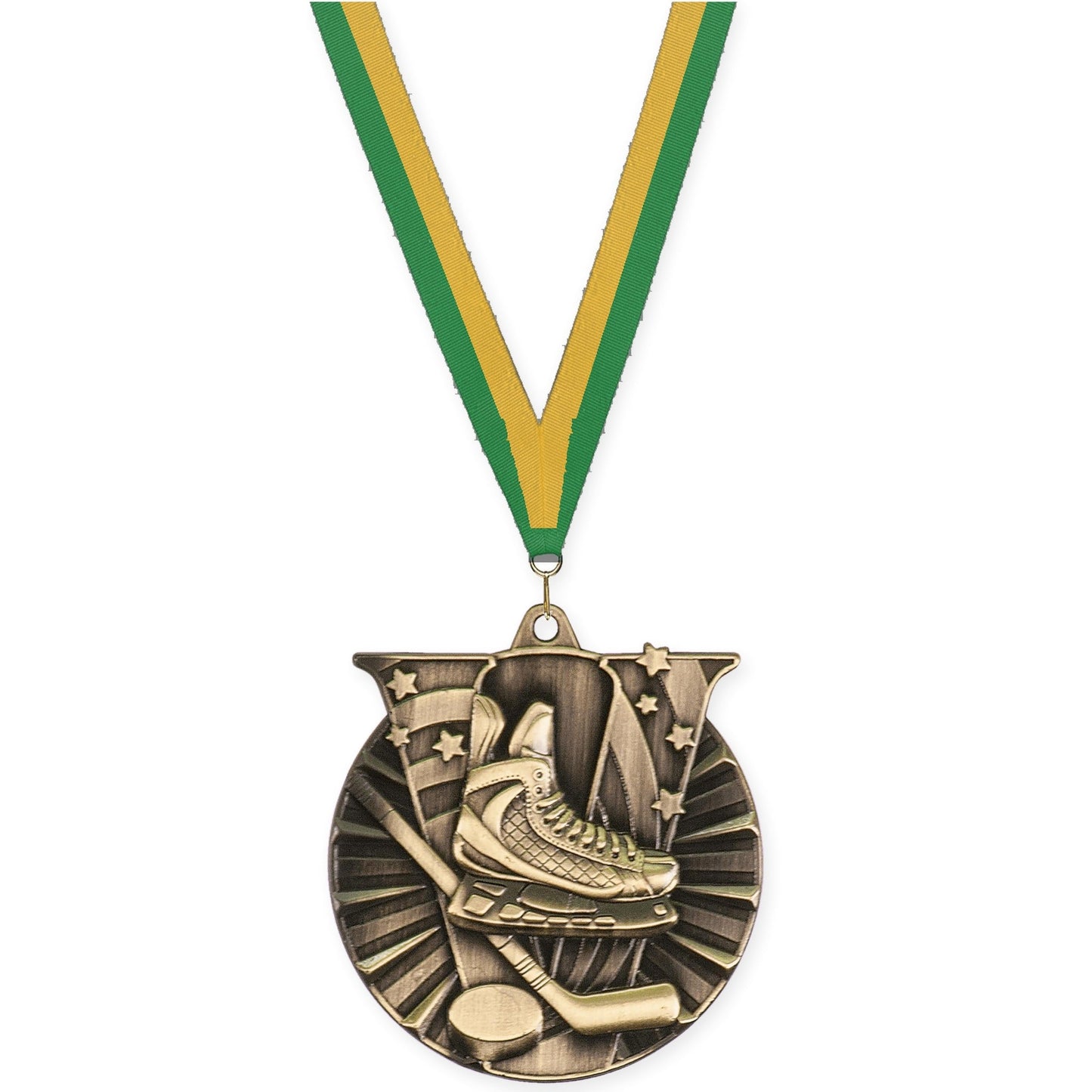 2 inch hockey Victory medal in antique gold with Green Gold neck ribbon