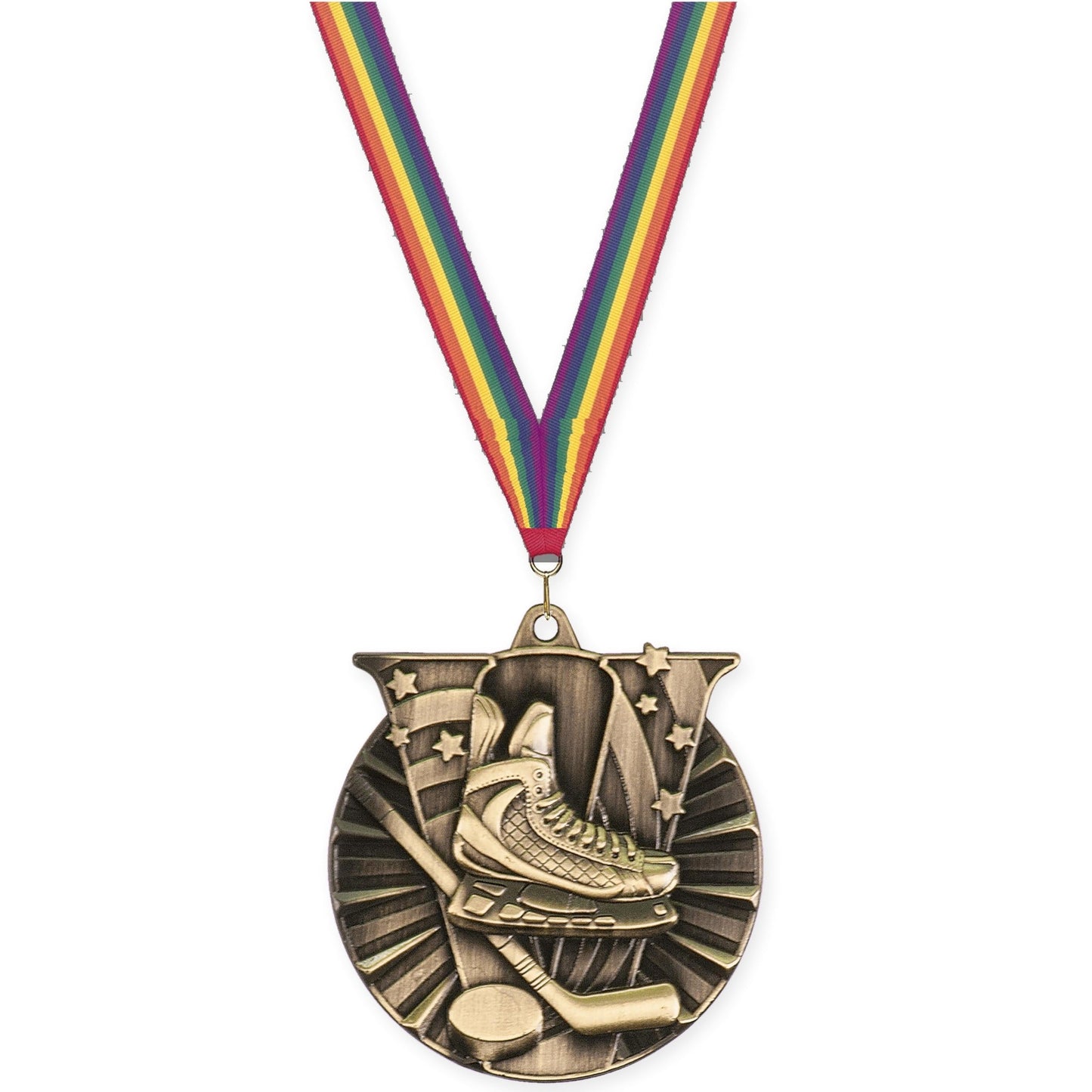 2 inch hockey Victory medal in antique gold with Rainbow neck ribbon