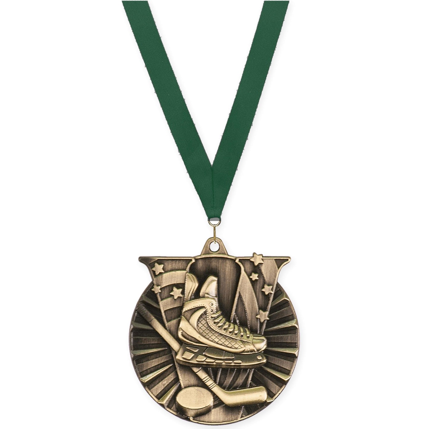 2 inch hockey Victory medal in antique gold with Hunter Green neck ribbon