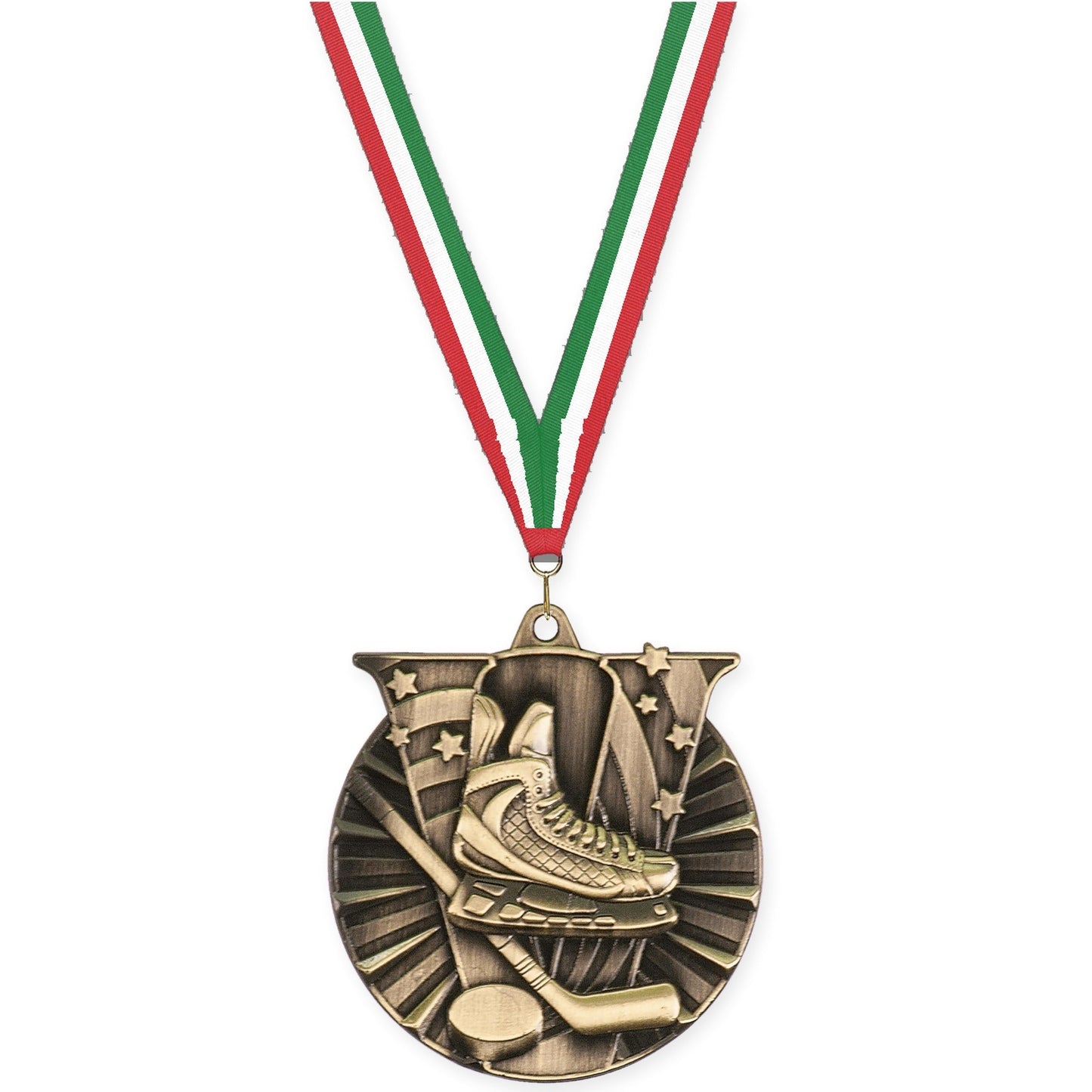 2 inch hockey Victory medal in antique gold with Red White Green neck ribbon