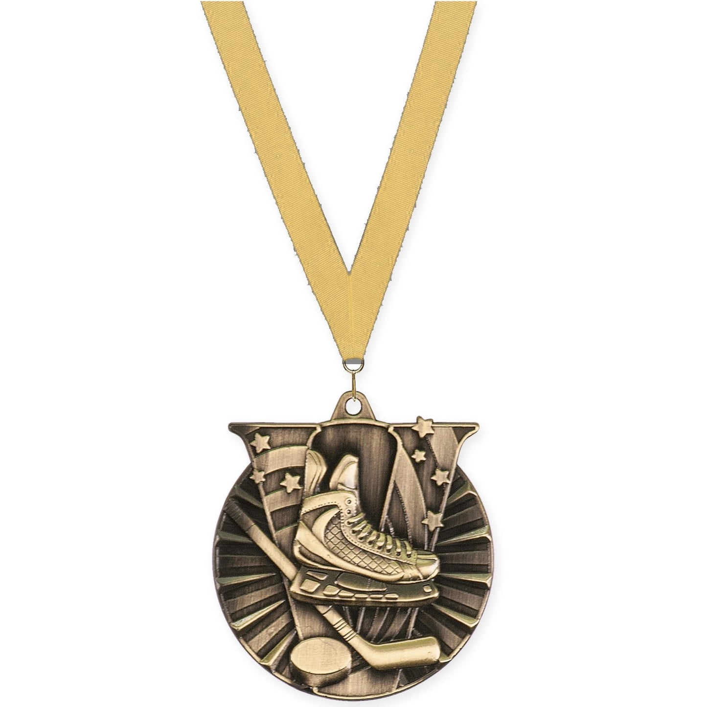 2 inch hockey Victory medal in antique gold with Gold Metallic neck ribbon