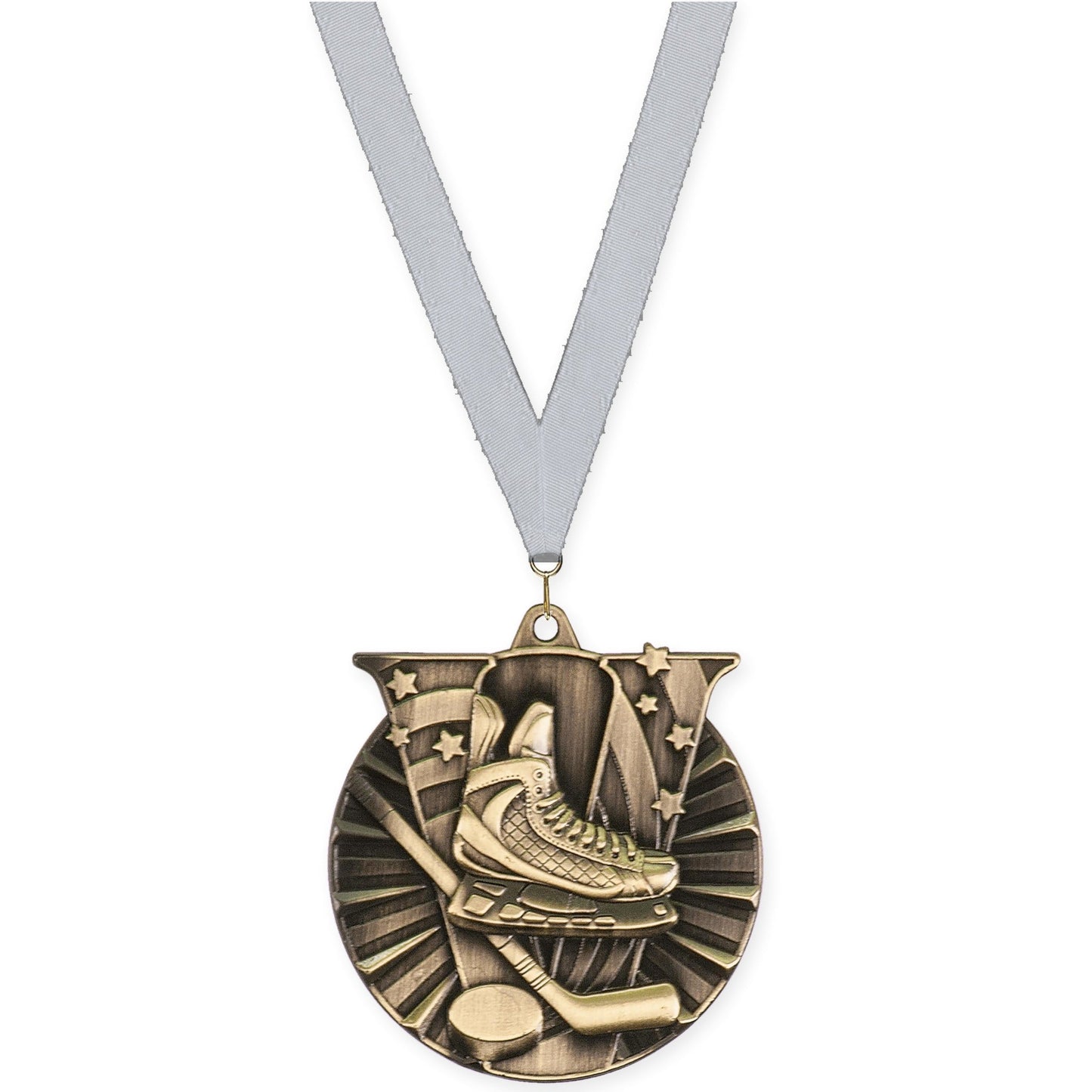 2 inch hockey Victory medal in antique gold with Silver Metallic neck ribbon