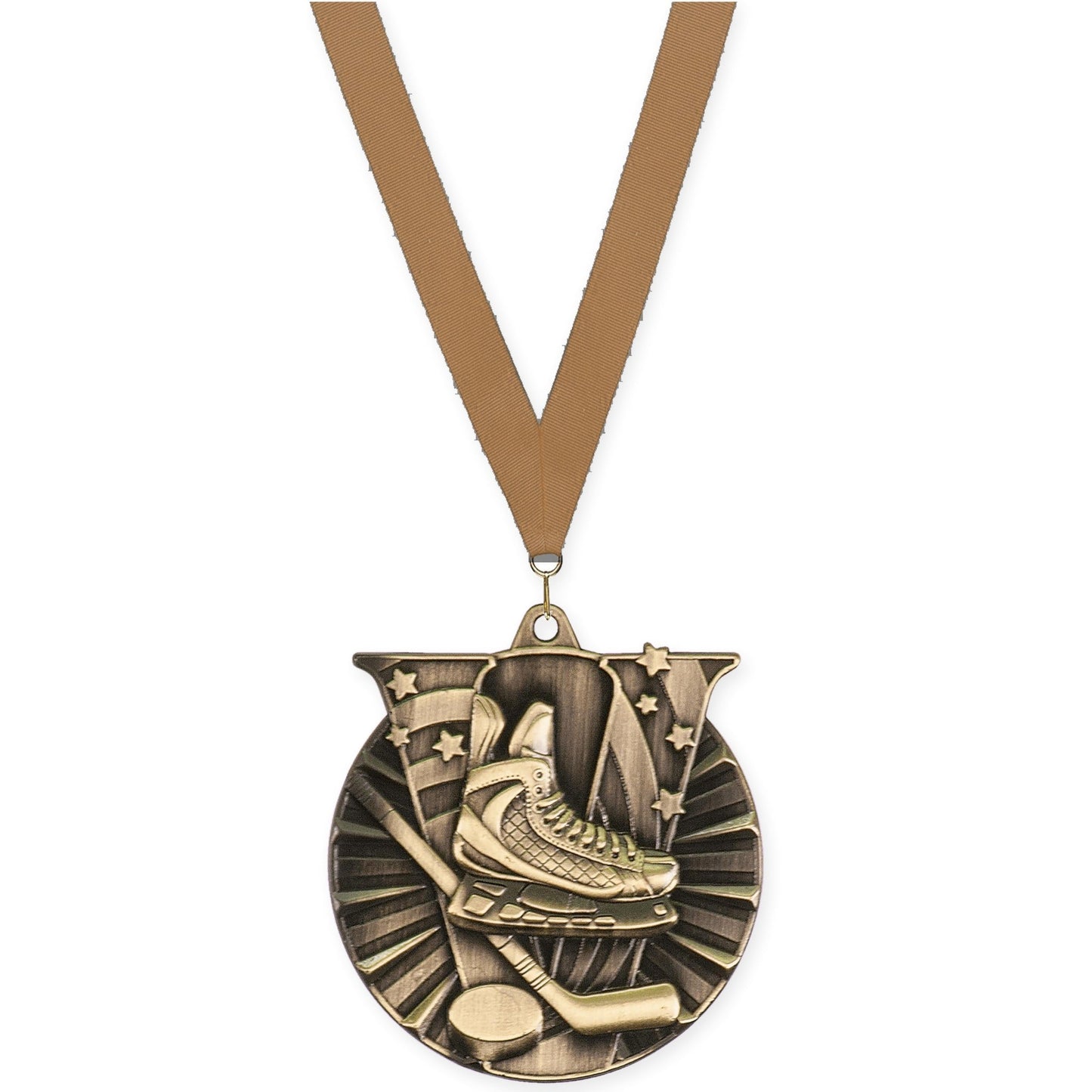 2 inch hockey Victory medal in antique gold with Bronze Metallic neck ribbon