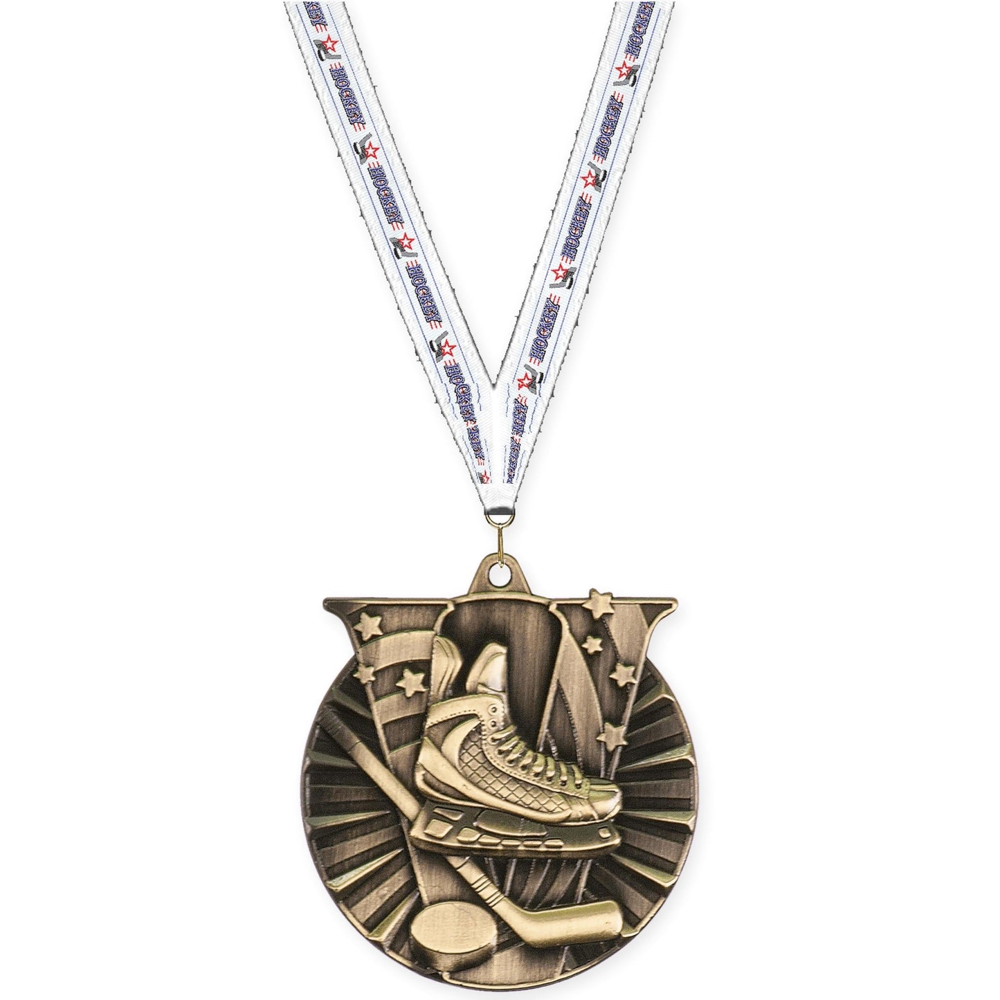 2 inch hockey Victory medal in antique gold with Hockey neck ribbon