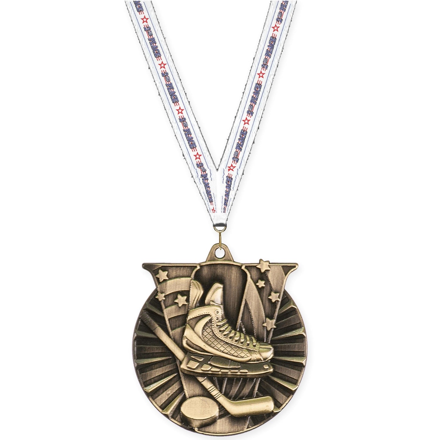 2 inch hockey Victory medal in antique gold with 2nd Place neck ribbon