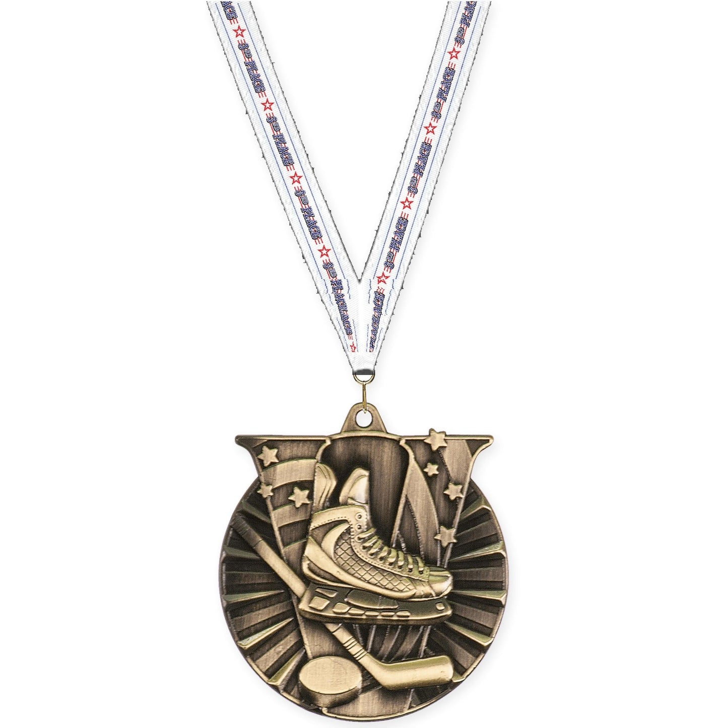 2 inch hockey Victory medal in antique gold with 3rd Place neck ribbon