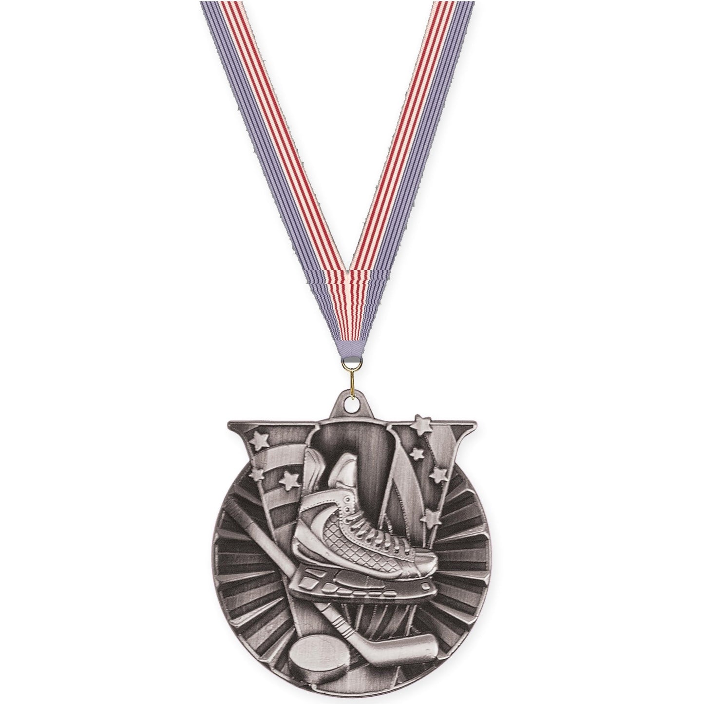 2 inch hockey Victory medal in antique silver with USA Flag neck ribbon