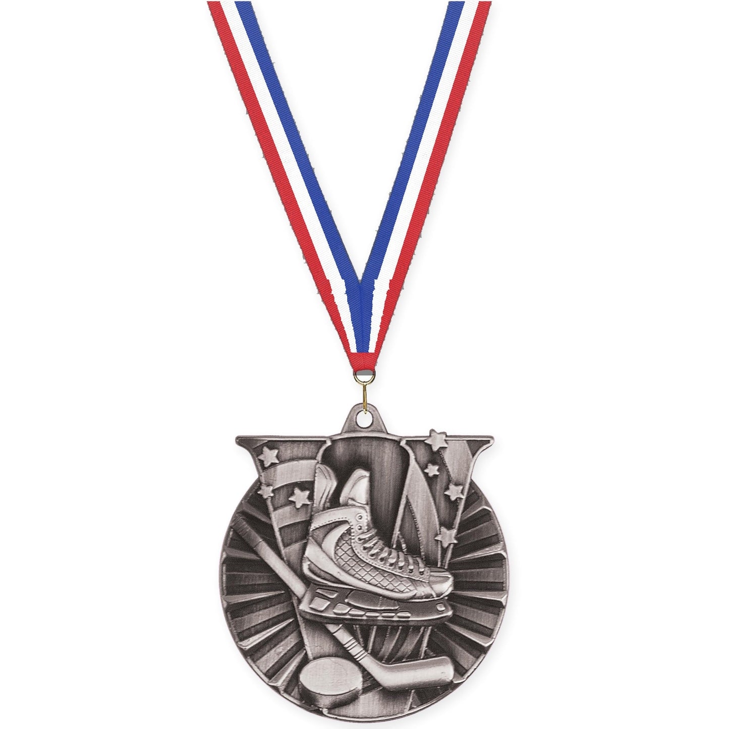 2 inch hockey Victory medal in antique silver with Red White Blue neck ribbon