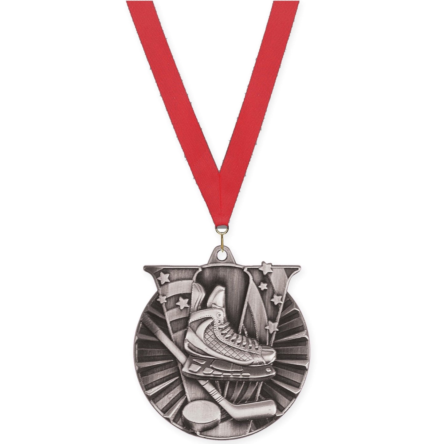 2 inch hockey Victory medal in antique silver with Red neck ribbon
